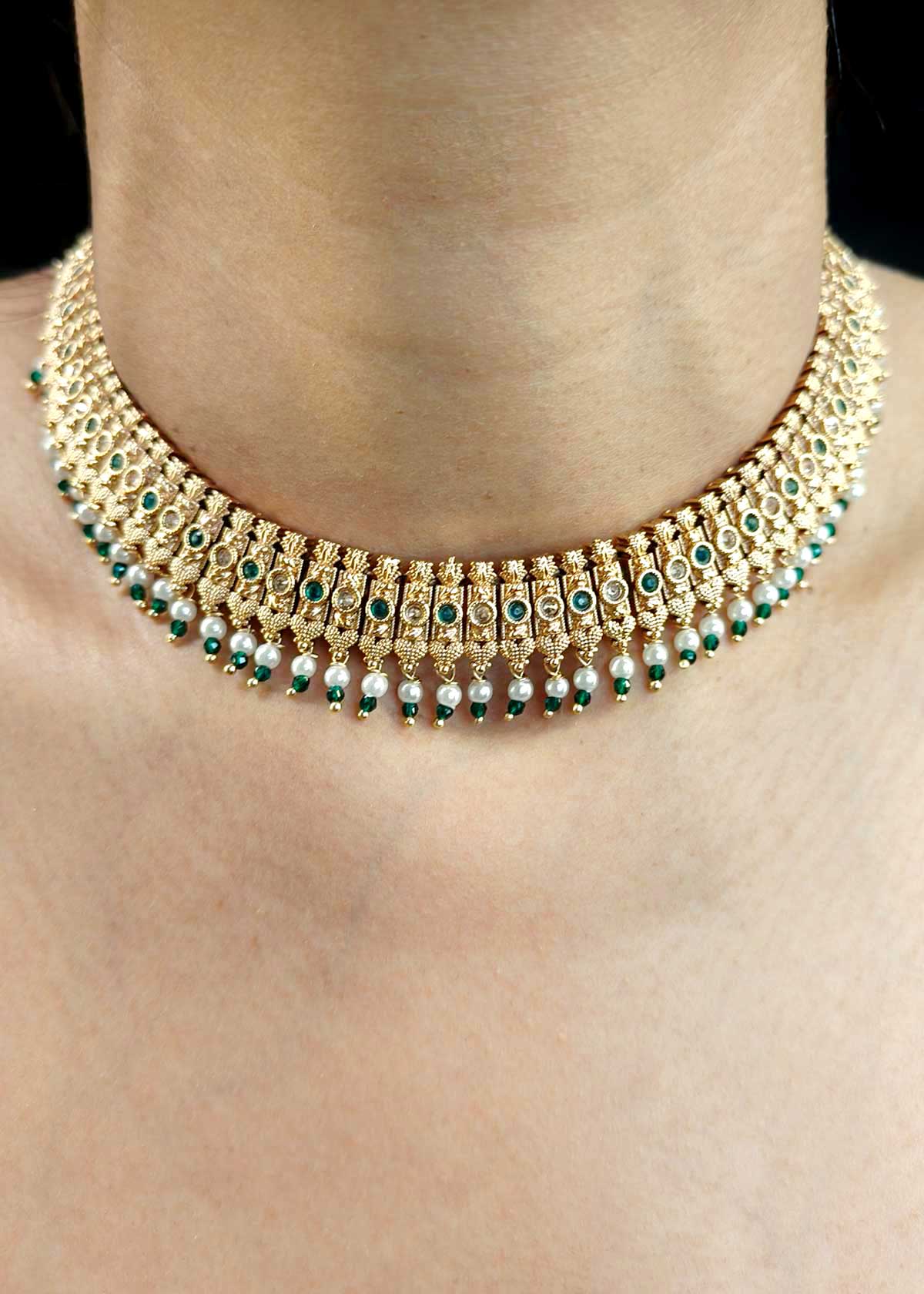 Traditional Antique Gold Plated With Green Stone Short Necklace Set