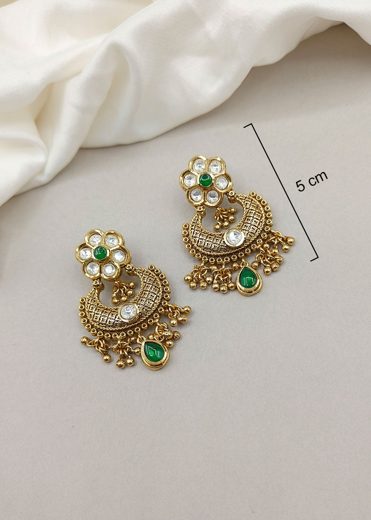 Traditional Kundan Floral Design Antique Gold Plated With Green Stone Temple Necklace Set