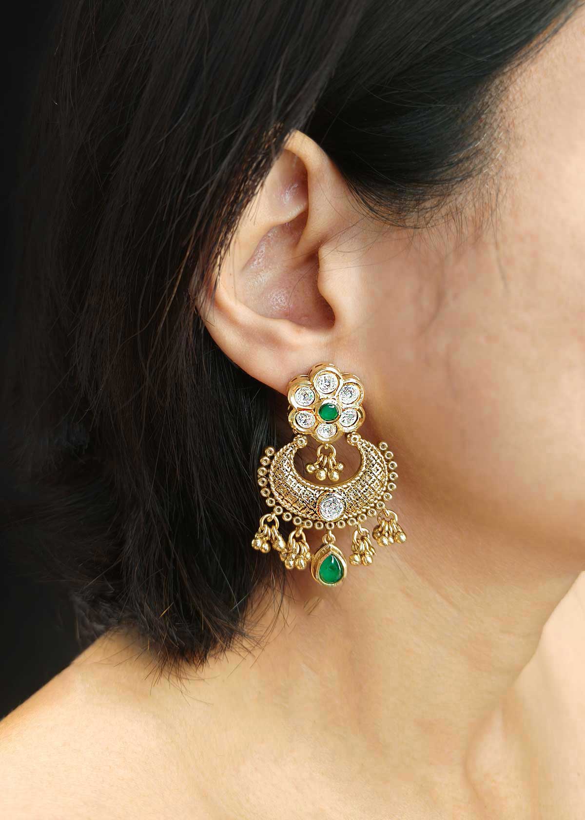 Traditional Kundan Floral Design Antique Gold Plated With Green Stone Temple Necklace Set