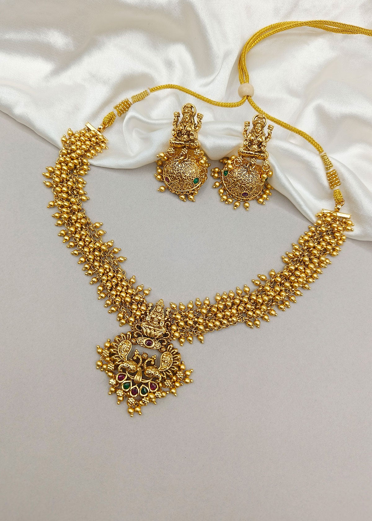 Traditional Antique Gold Plated With Ruby And Green Stone Goddess Lakshmi Temple Necklace Set