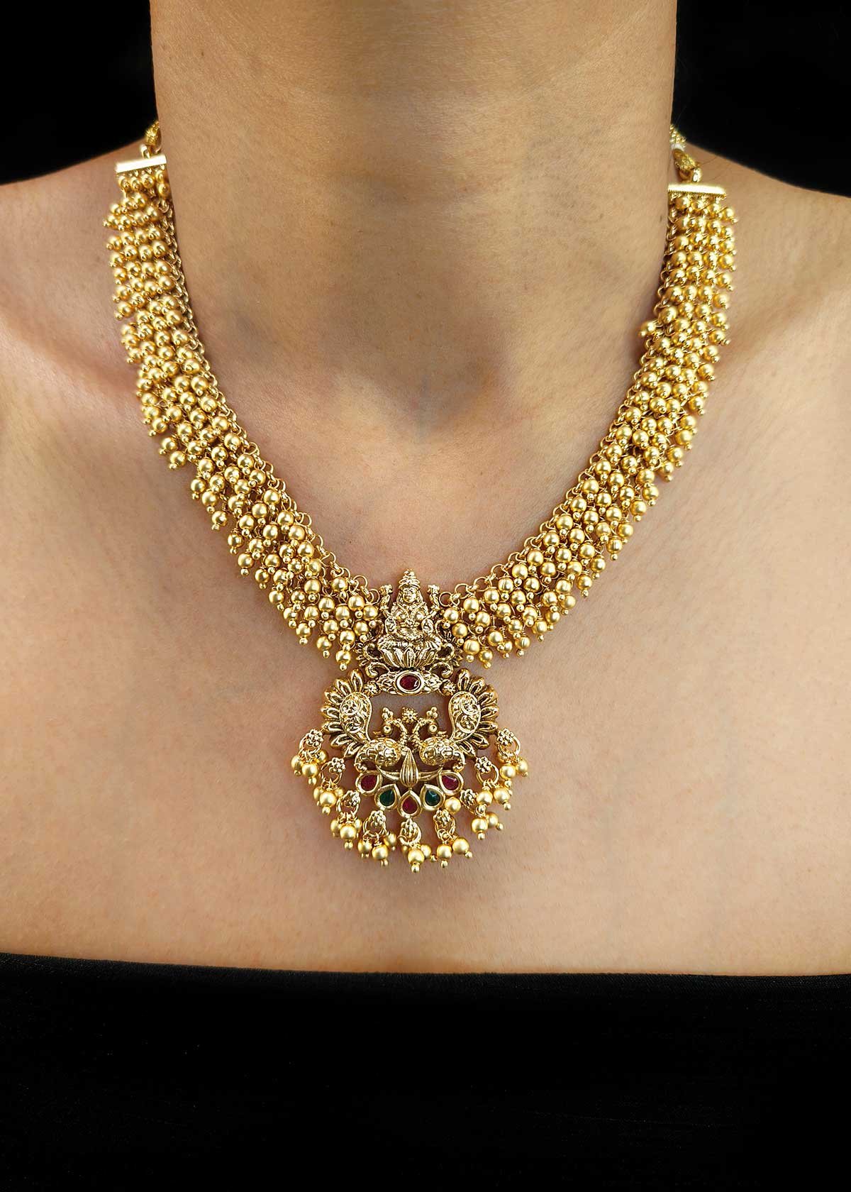 Traditional Antique Gold Plated With Ruby And Green Stone Goddess Lakshmi Temple Necklace Set