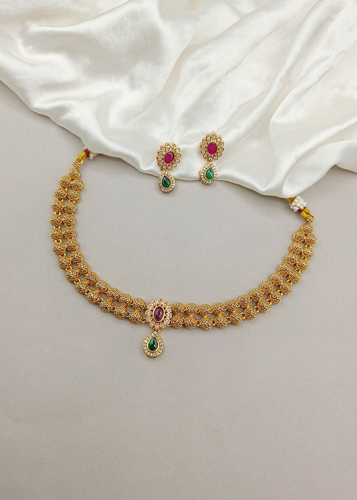 Traditional Gold Plated Ruby & Emerald Stone Antique Gold Plated Delicate Necklace Set