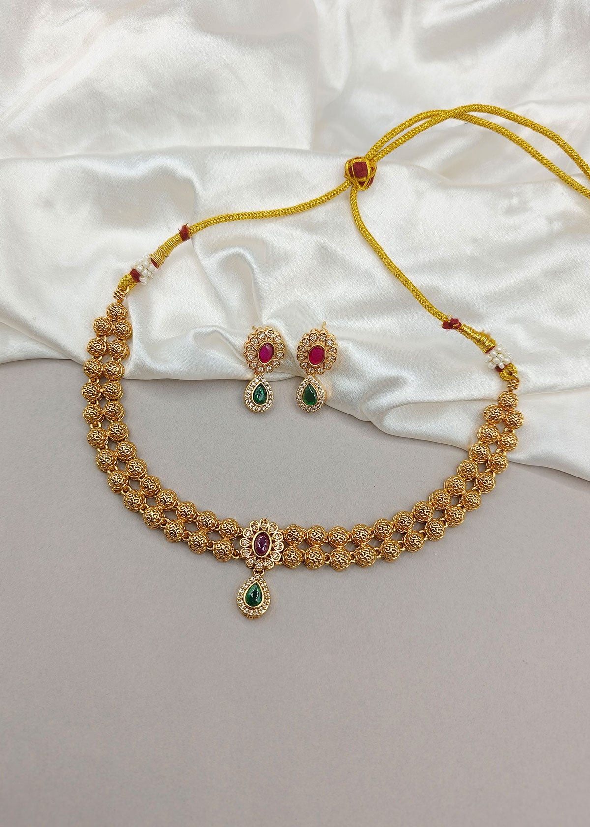 Traditional Gold Plated Ruby & Emerald Stone Antique Gold Plated Delicate Necklace Set