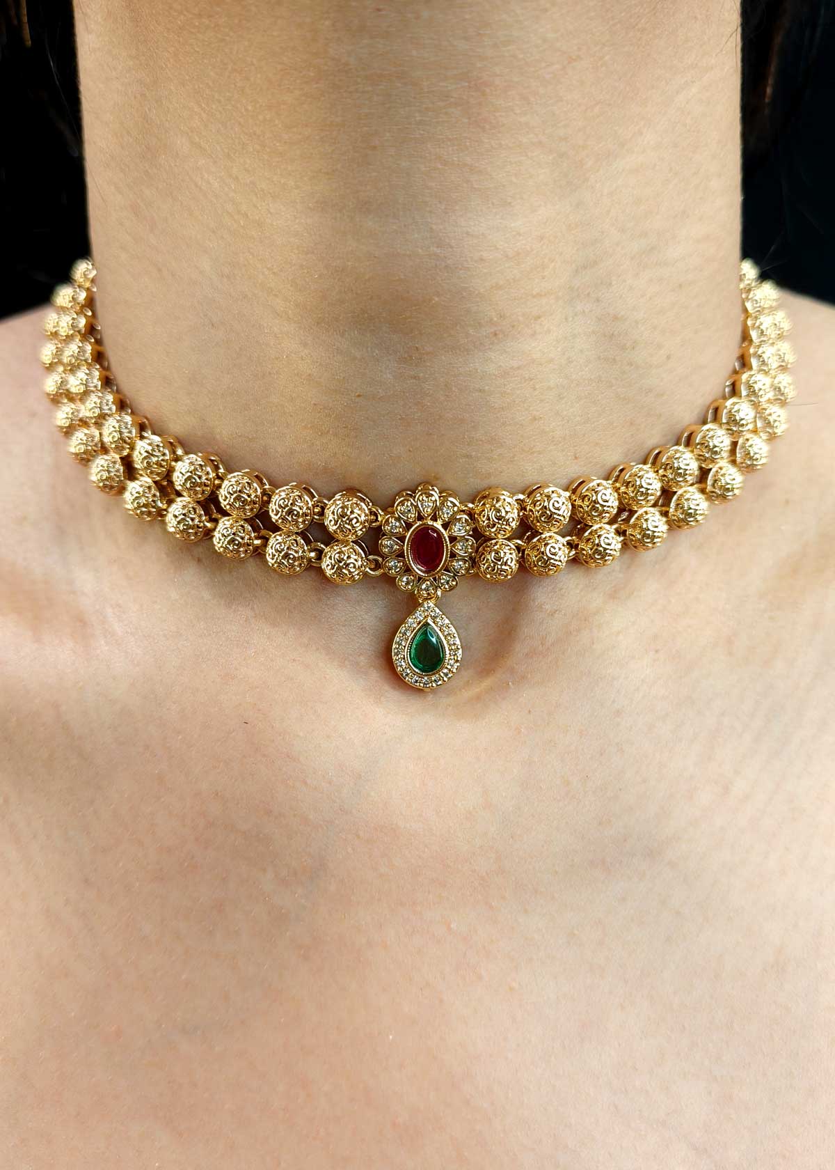 Traditional Gold Plated Ruby & Emerald Stone Antique Gold Plated Delicate Necklace Set