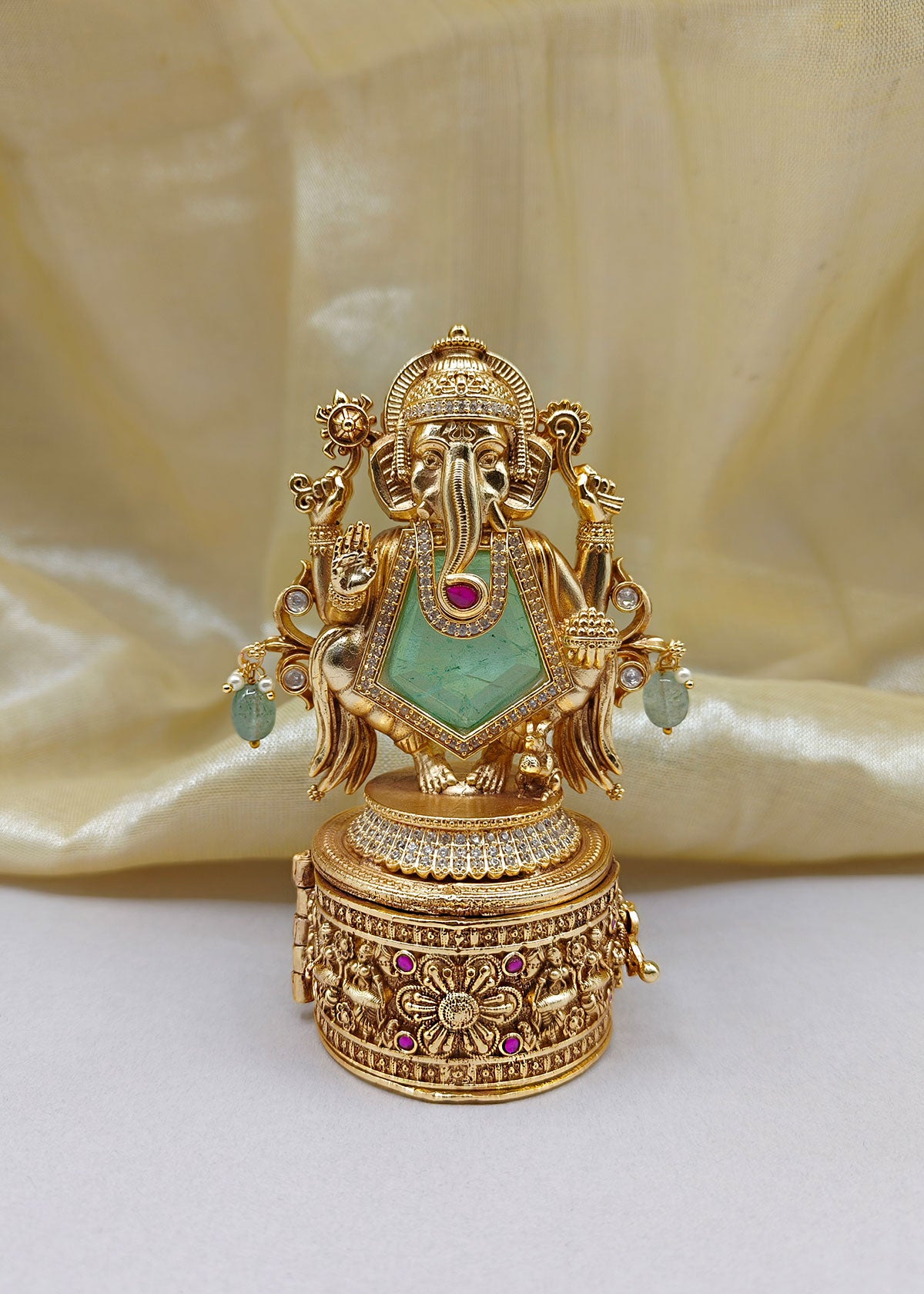 Traditional Lord Ganesh Design Antique Gold Plated Sindoor Box/ Kumkum Box
