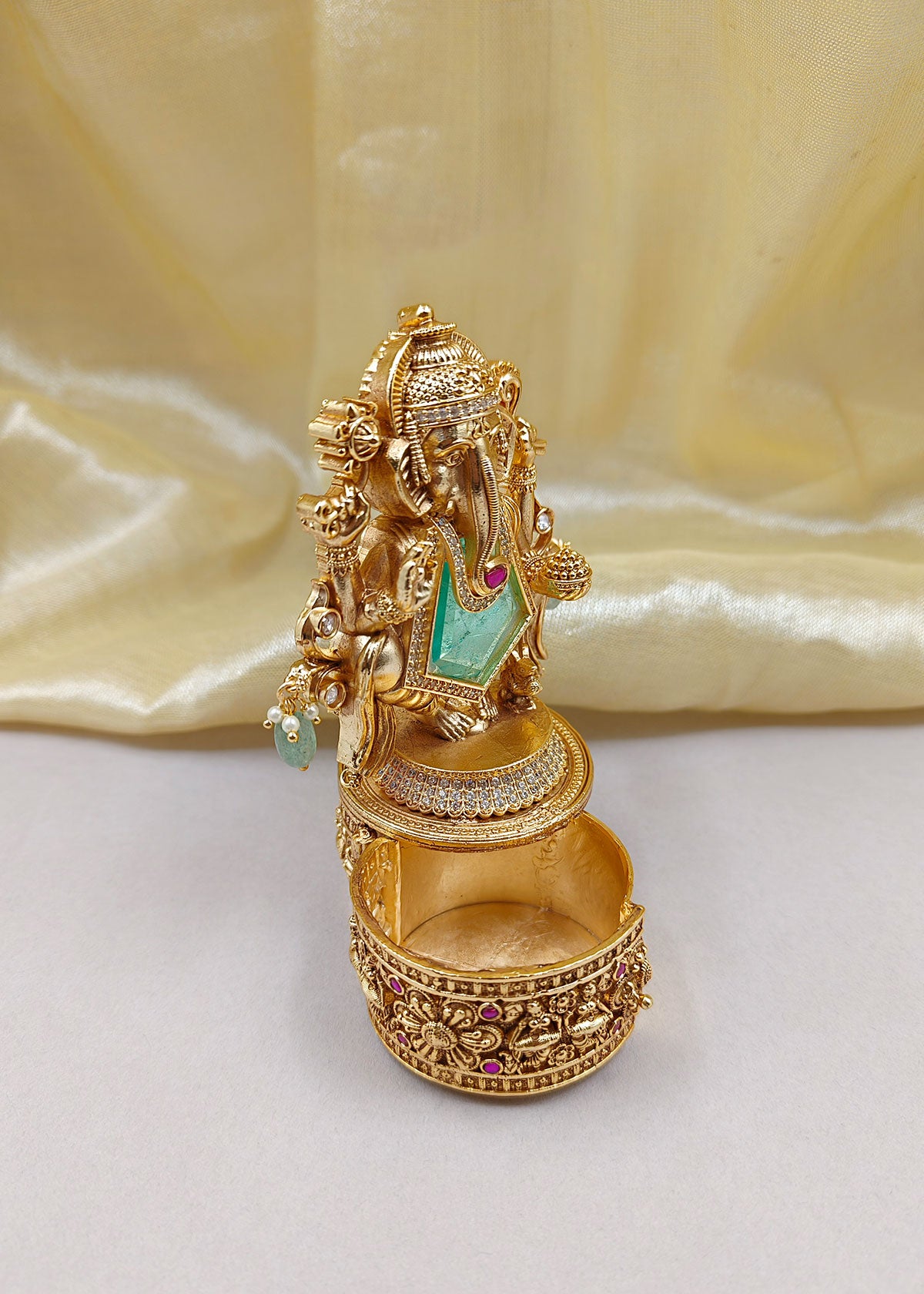 Traditional Lord Ganesh Design Antique Gold Plated Sindoor Box/ Kumkum Box