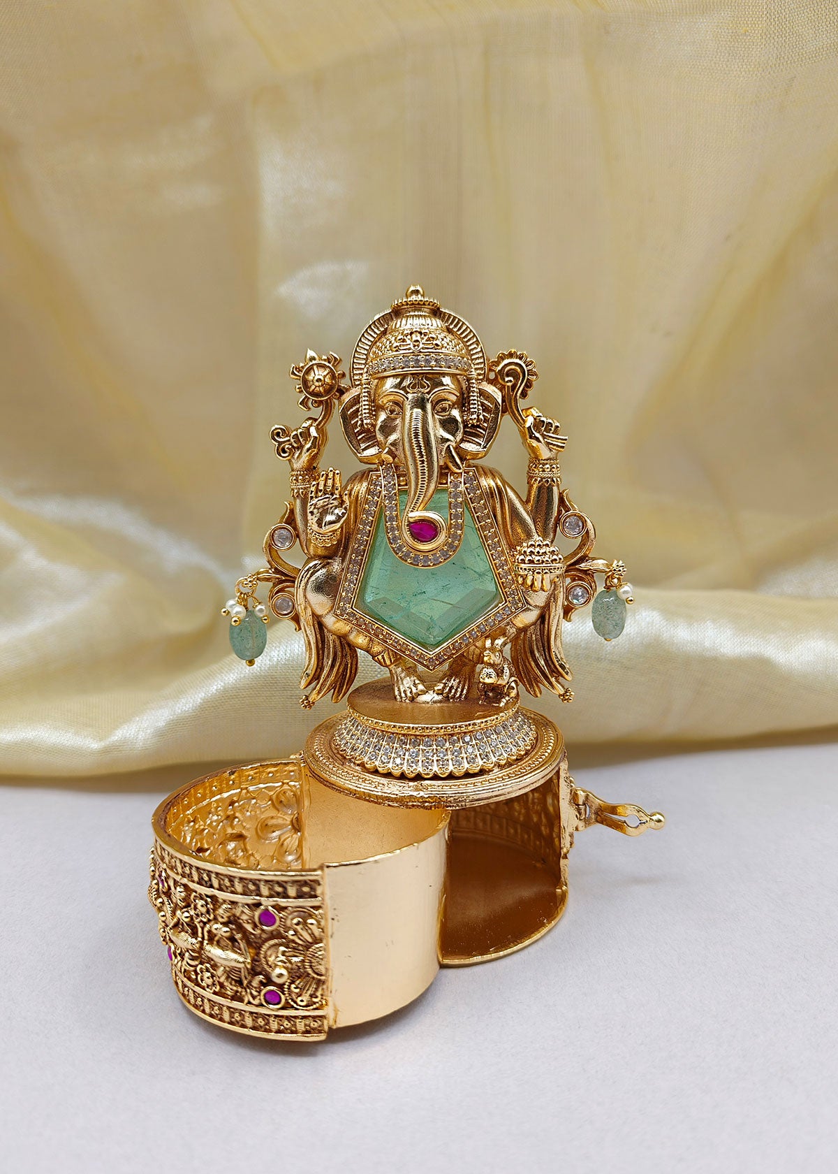 Traditional Lord Ganesh Design Antique Gold Plated Sindoor Box/ Kumkum Box
