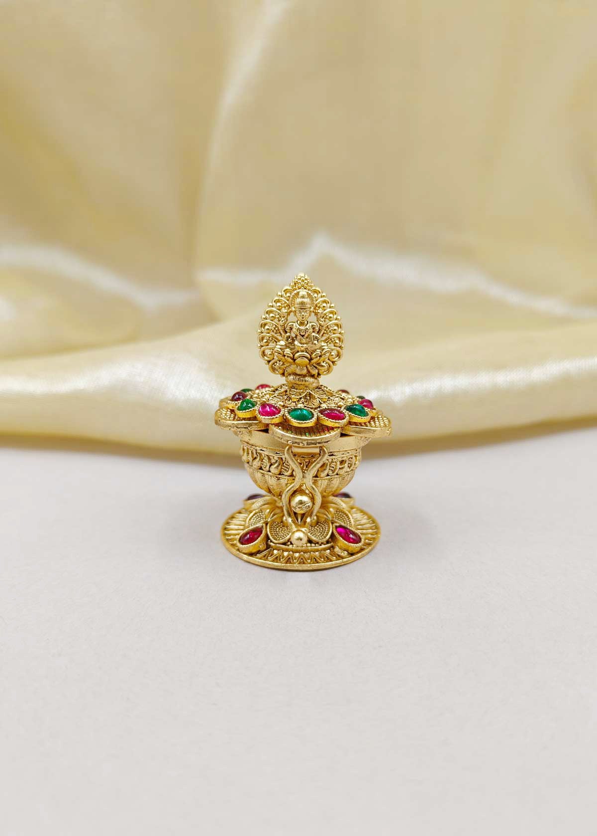 Lamp Style Goddess Lakshmi Antique Gold Plated Traditional Kumkum Box / Sindoor Box