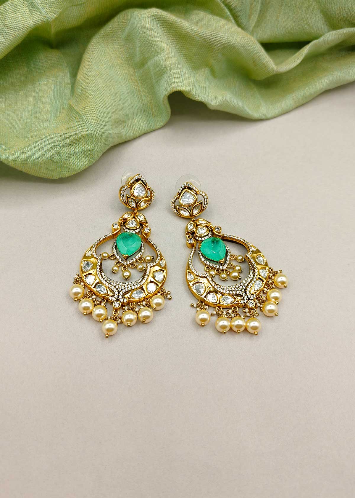 Traditional Kundan Polki Pearl Drop With Cubic Zircon Stone Chandbali Style Antique Gold Long Earrings For Women