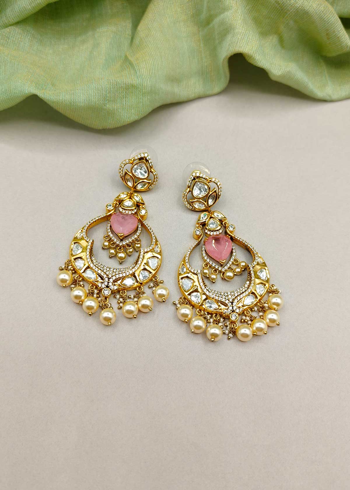 Traditional Kundan Polki Pearl Drop With Cubic Zircon Stone Chandbali Style Antique Gold Long Earrings For Women