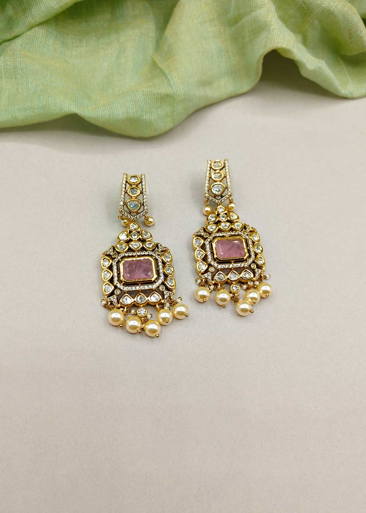 Elegant Rectangular Shape Kundan Polki With Cubic Zircon Antique Gold Long Earrings For Women