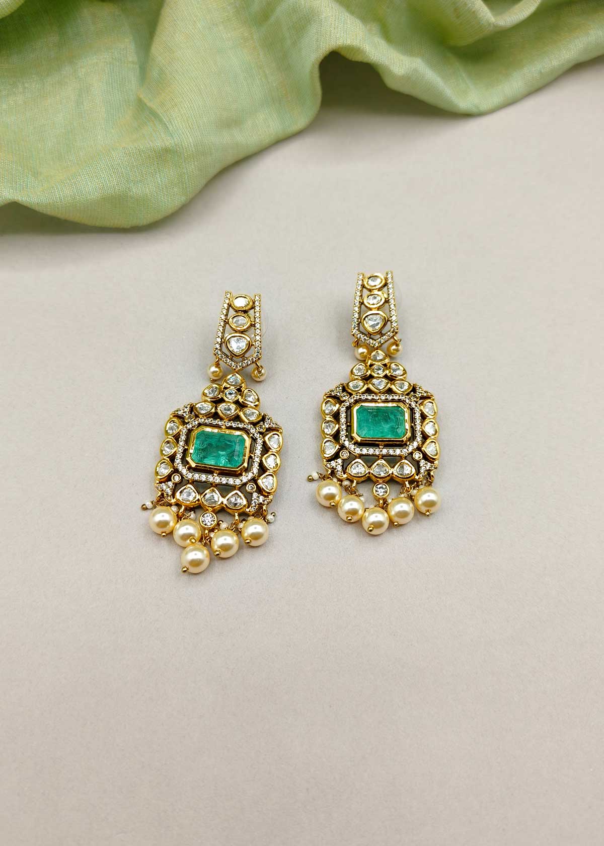 Elegant Rectangular Shape Kundan Polki With Cubic Zircon Antique Gold Long Earrings For Women