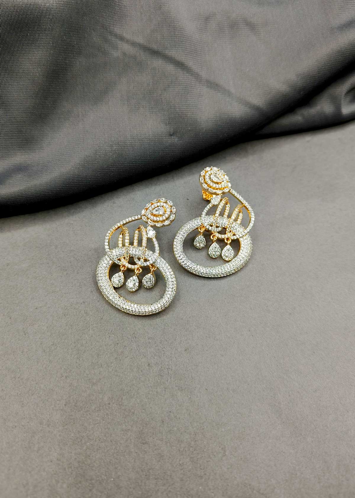Swirling Floral Inspired Cubic Zircon Gold Silver Plated Hanging Earring For Women