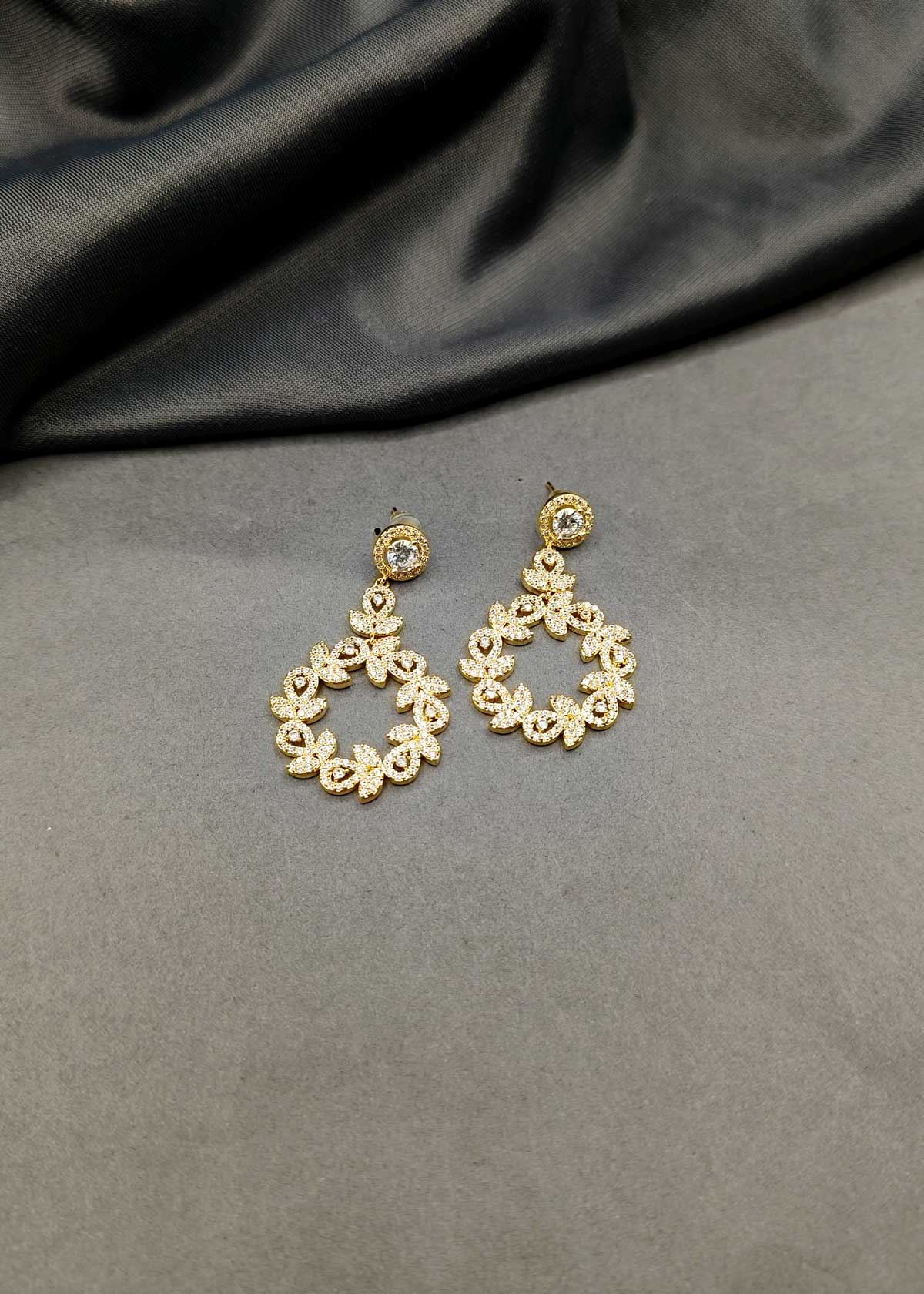Floral Hoop Drop Cubic Zircon Gold Plated Hanging Earring For Women