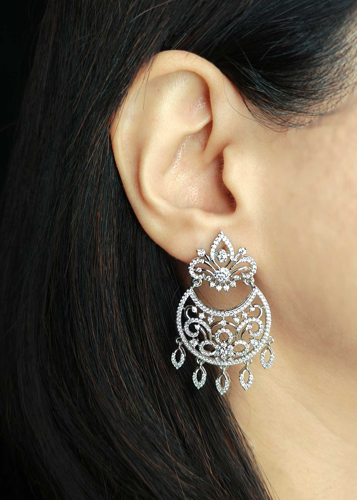 Elegant Chandbali Style Gold Silver Plated Cubic Zircon Long Earring For Women