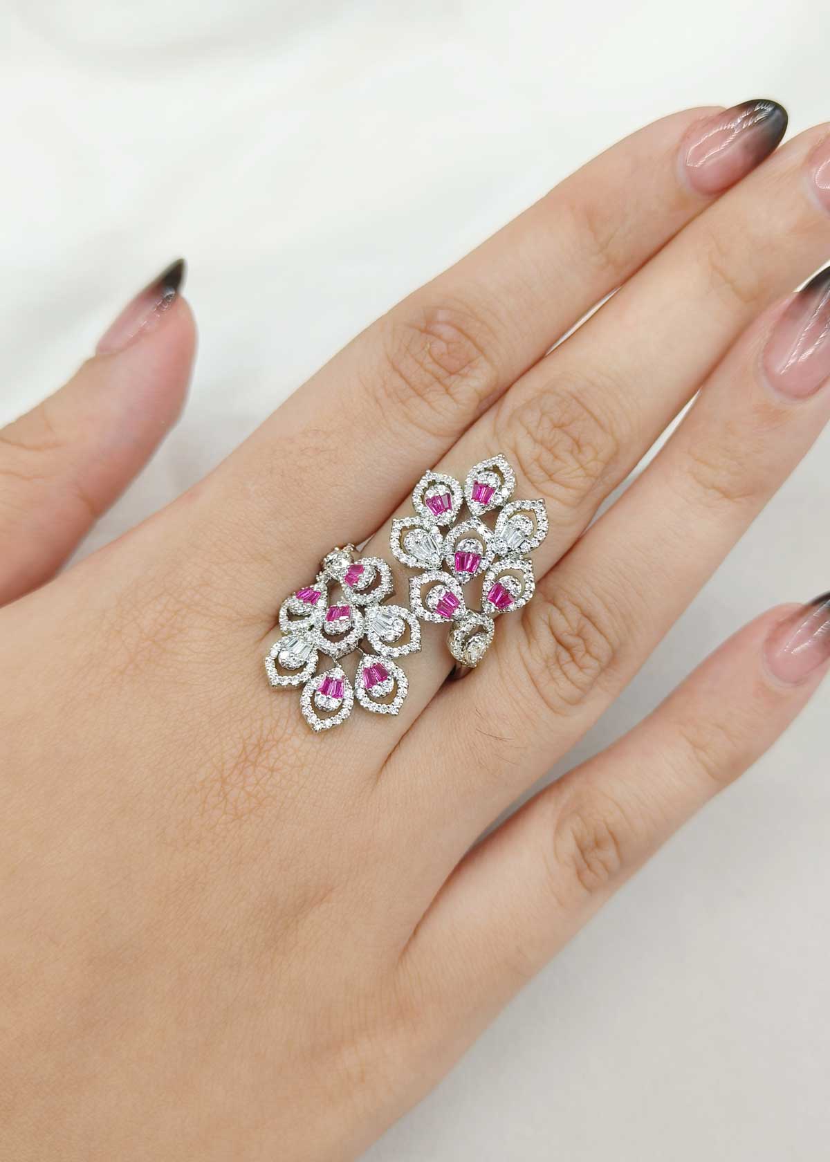 Two Spanning Joints Floral Gold Silver Plated Cubic Zircon Big Adjustable Finger Ring For Women