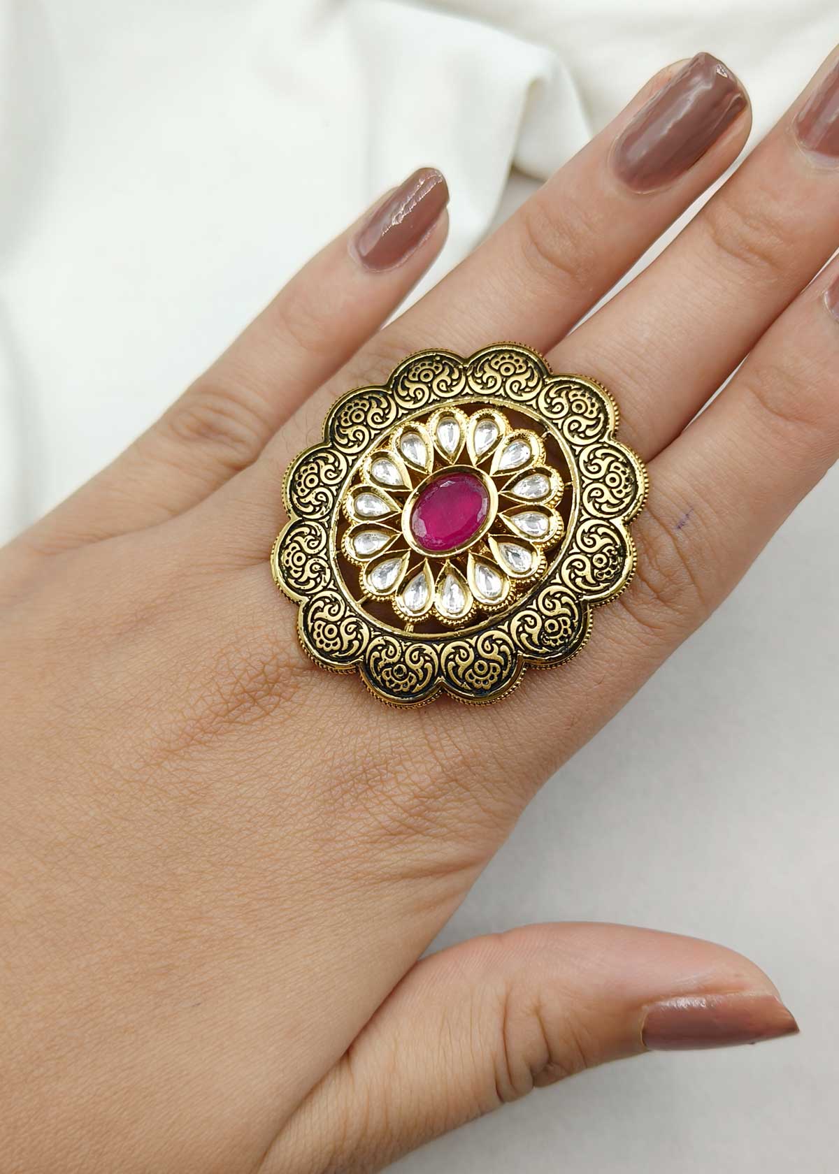 Big Antique Gold Ruby Kundan Finger Ring