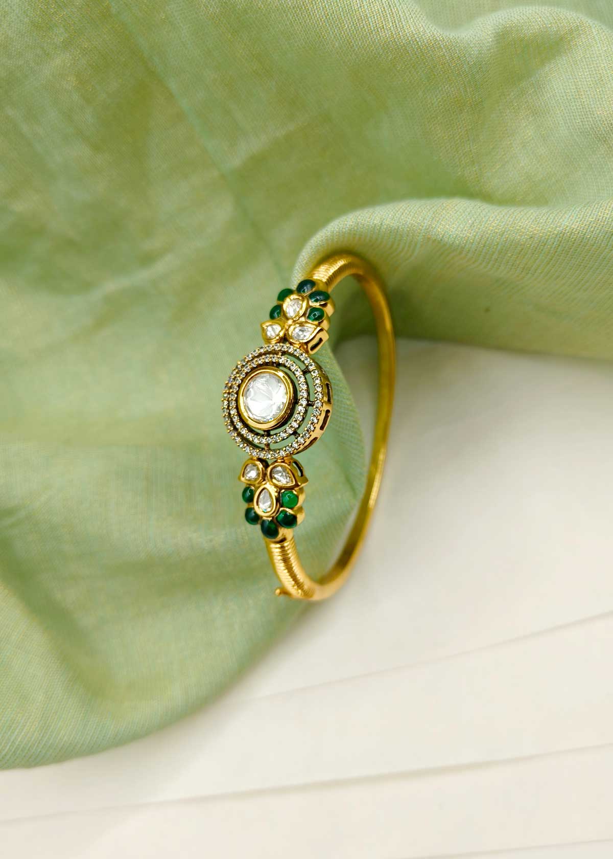 Classic Gold Plated Kundan Cubic Zircon Openable Kada Bracelet For Women
