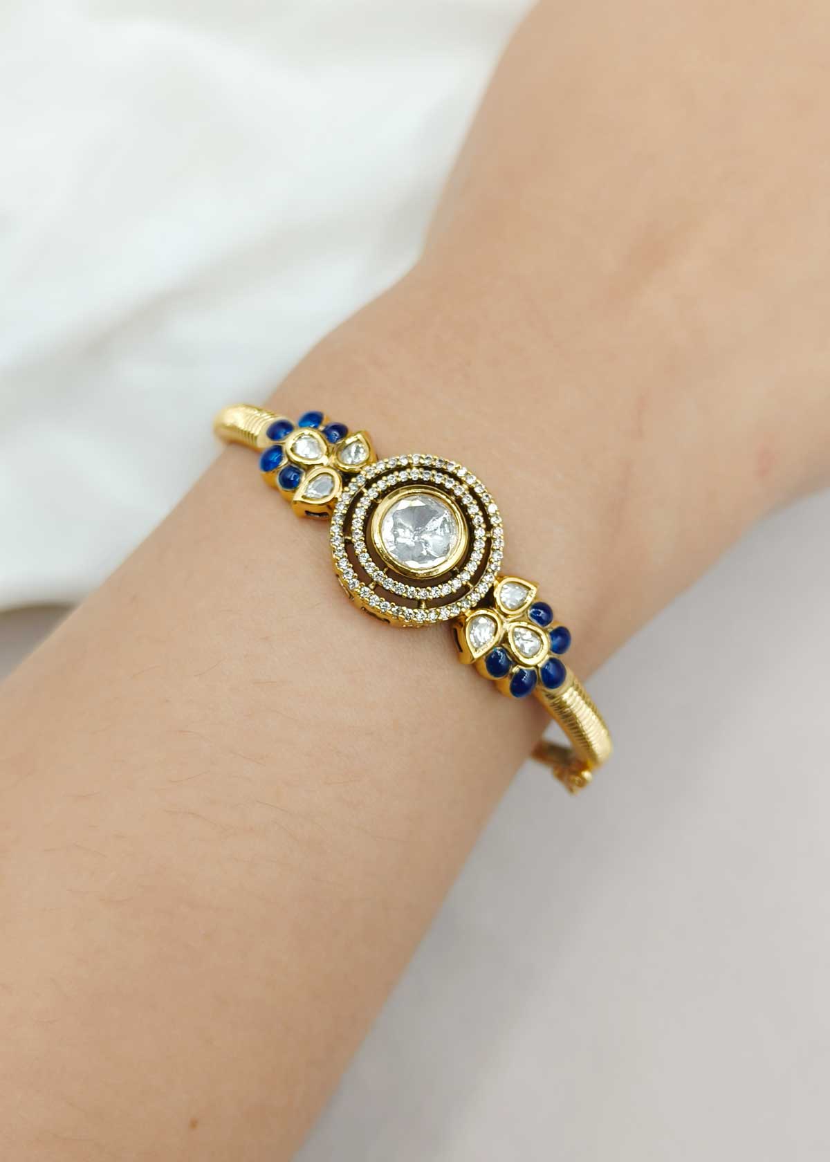 Classic Gold Plated Kundan Cubic Zircon Openable Kada Bracelet For Women