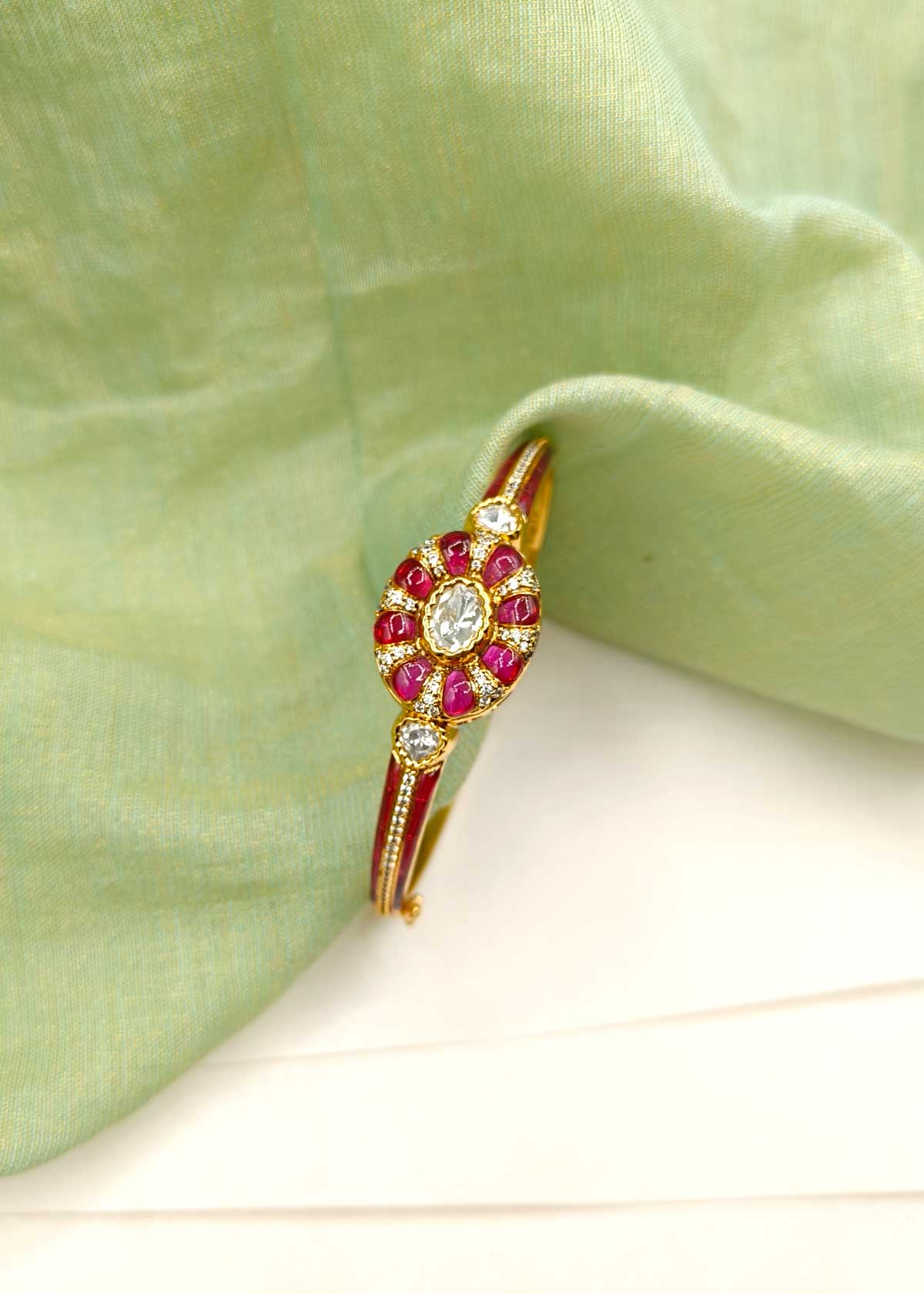 Traditional Gold Plated Kundan Cubic Zircon Openable Kada Bracelet For Women