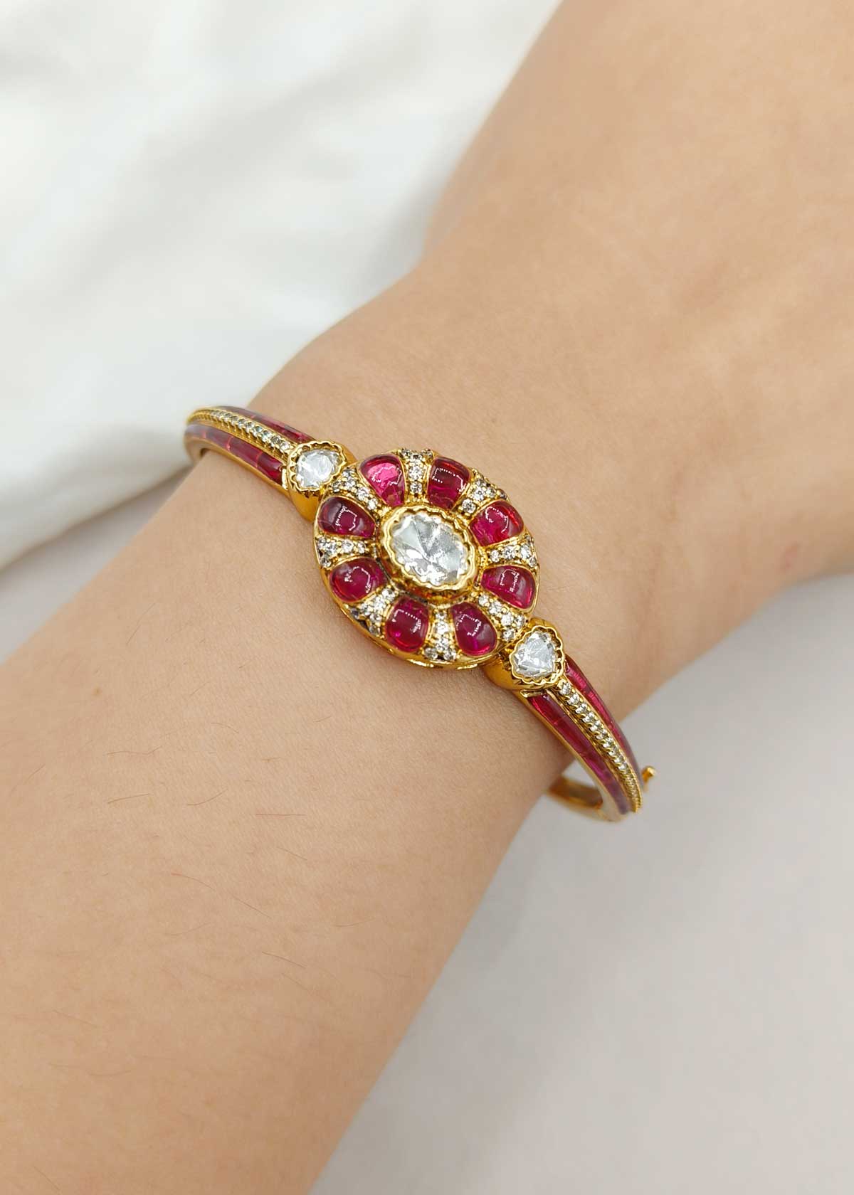 Traditional Gold Plated Kundan Cubic Zircon Openable Kada Bracelet For Women