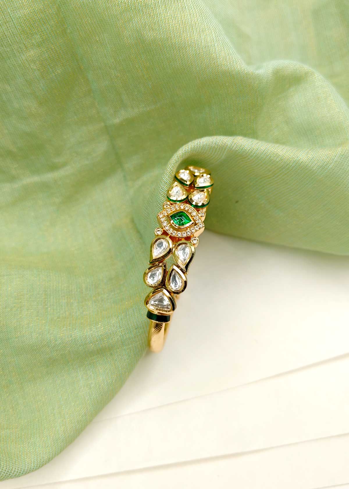 Unique Style Gold Plated Kundan Cubic Zircon Openable Kada Bracelet For Women