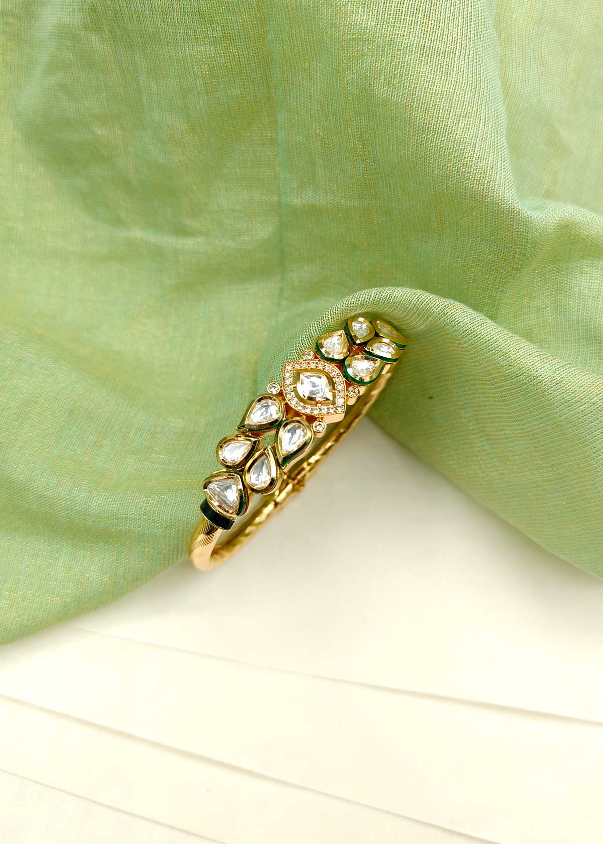 Unique Style Gold Plated Kundan Cubic Zircon Openable Kada Bracelet For Women