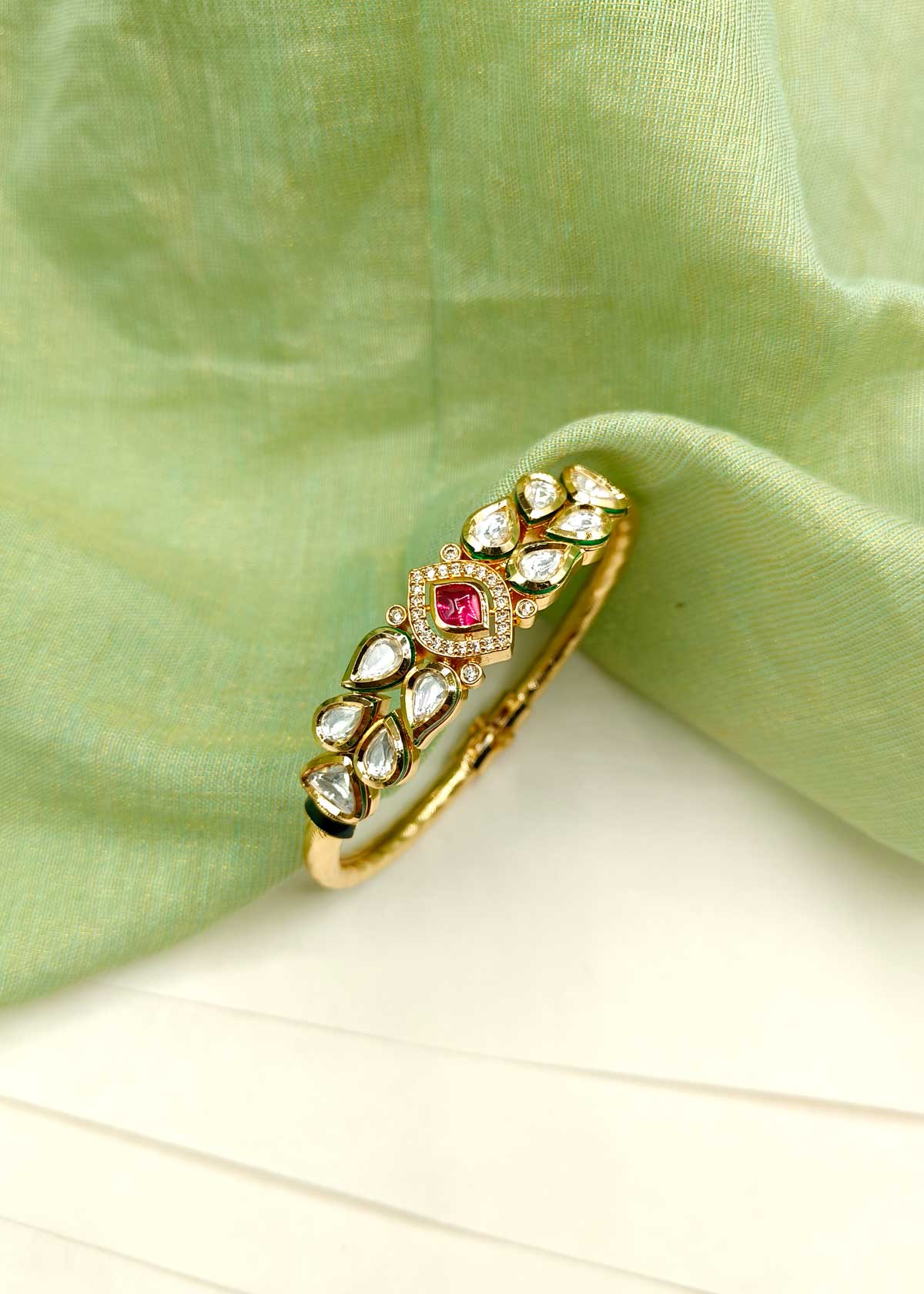 Unique Style Gold Plated Kundan Cubic Zircon Openable Kada Bracelet For Women