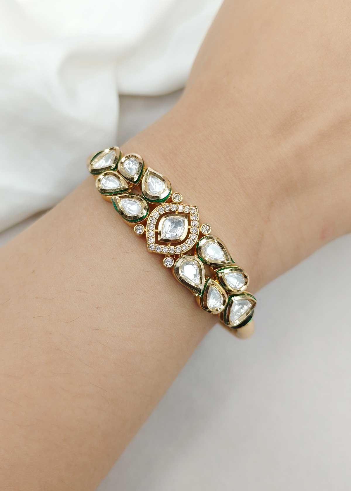 Unique Style Gold Plated Kundan Cubic Zircon Openable Kada Bracelet For Women