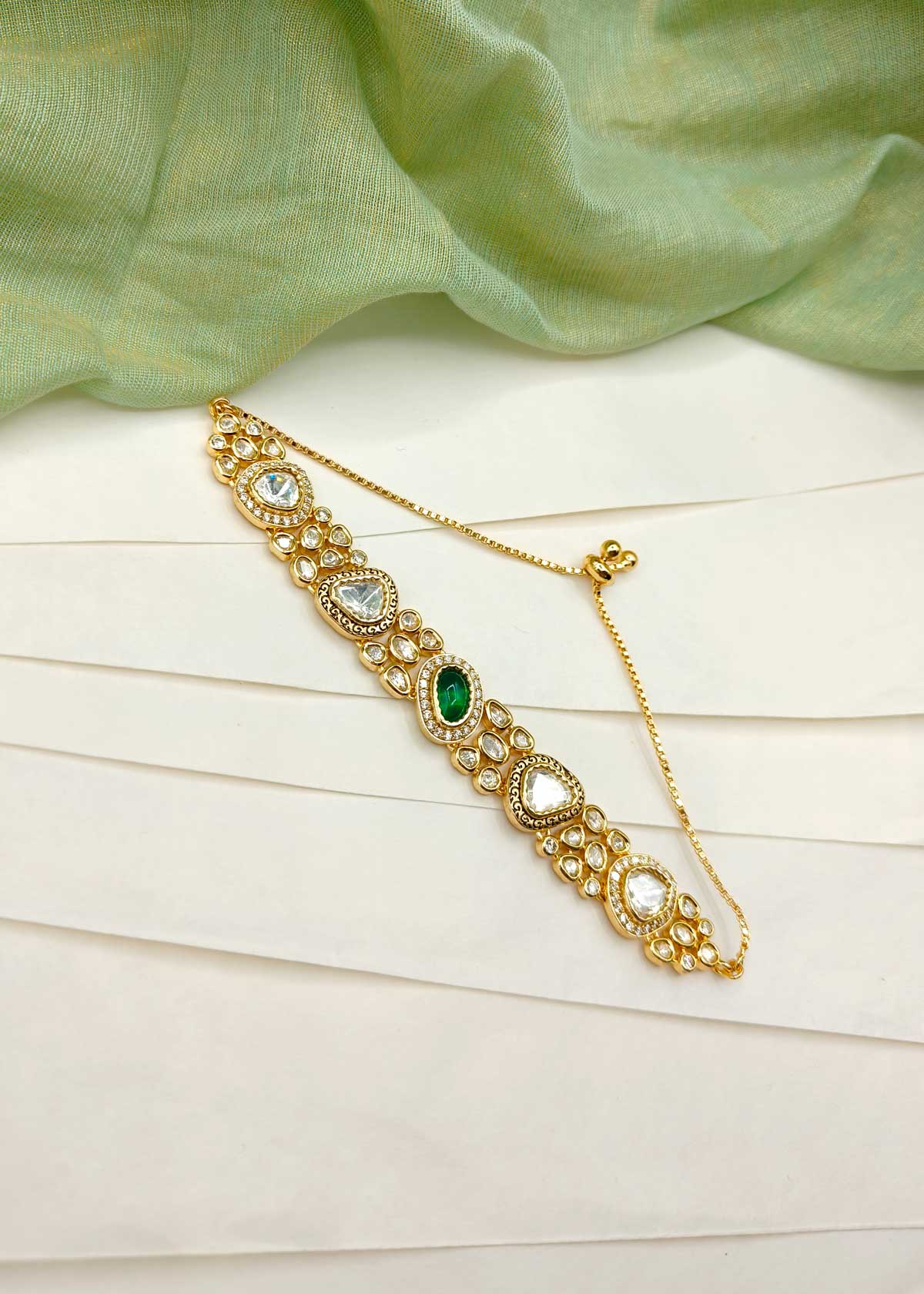 Versatile Kundan Cubic Zircon Gold Plated Slider Loose Bracelet For Women