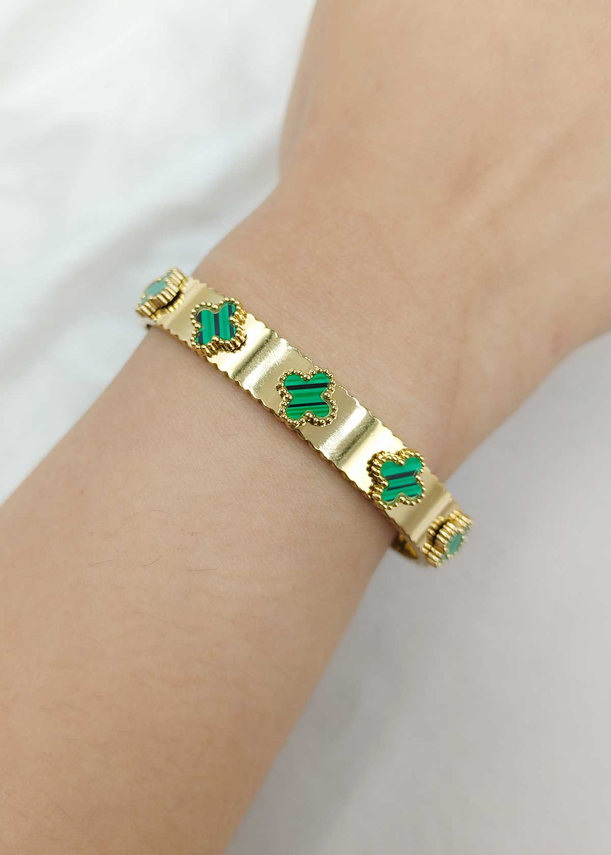Beautiful Clover Mother Of Pearl Gold Plated Bracelet Kada For Women