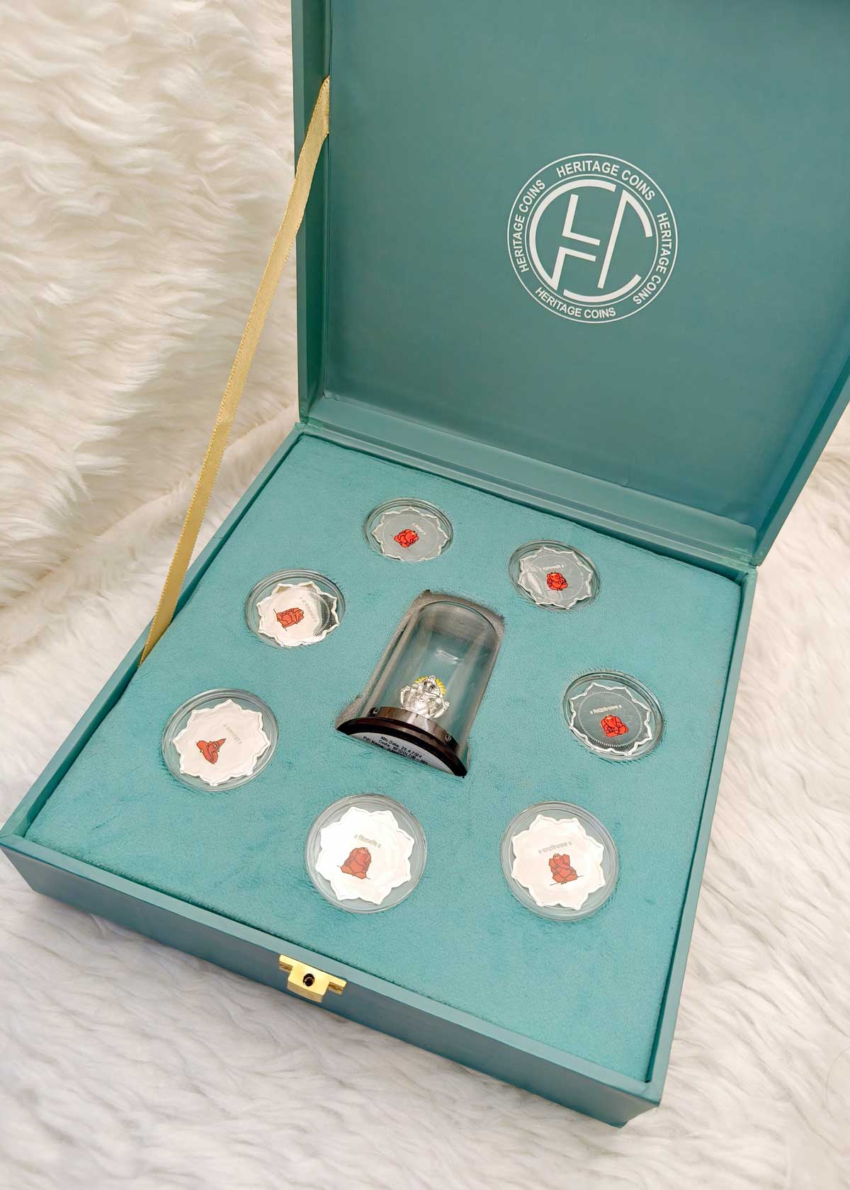 999 Fine Silver Lord Ganesha Idol With Meenakari Pure Silver Coins Luxury Gift Box