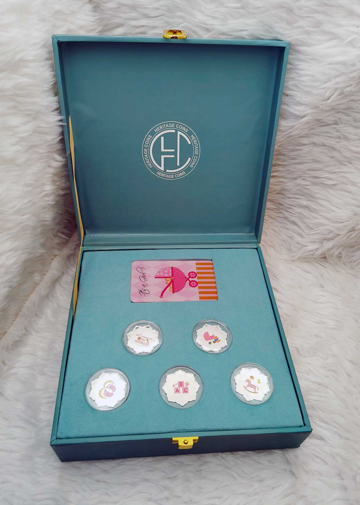 Five Adorable 92.5 Sterling Silver Coin Gift Box For Baby Girl