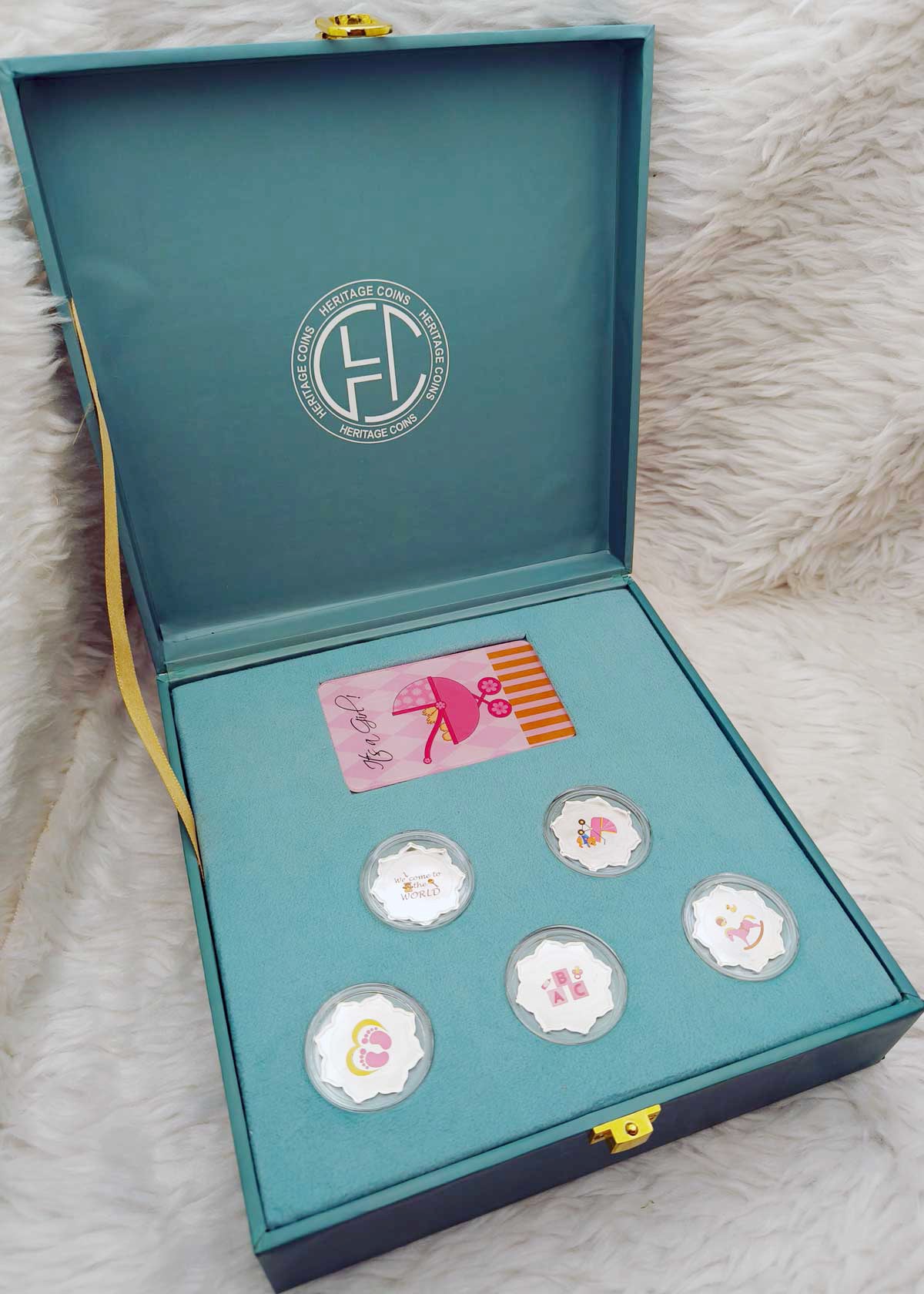Five Adorable 92.5 Sterling Silver Coin Gift Box For Baby Girl