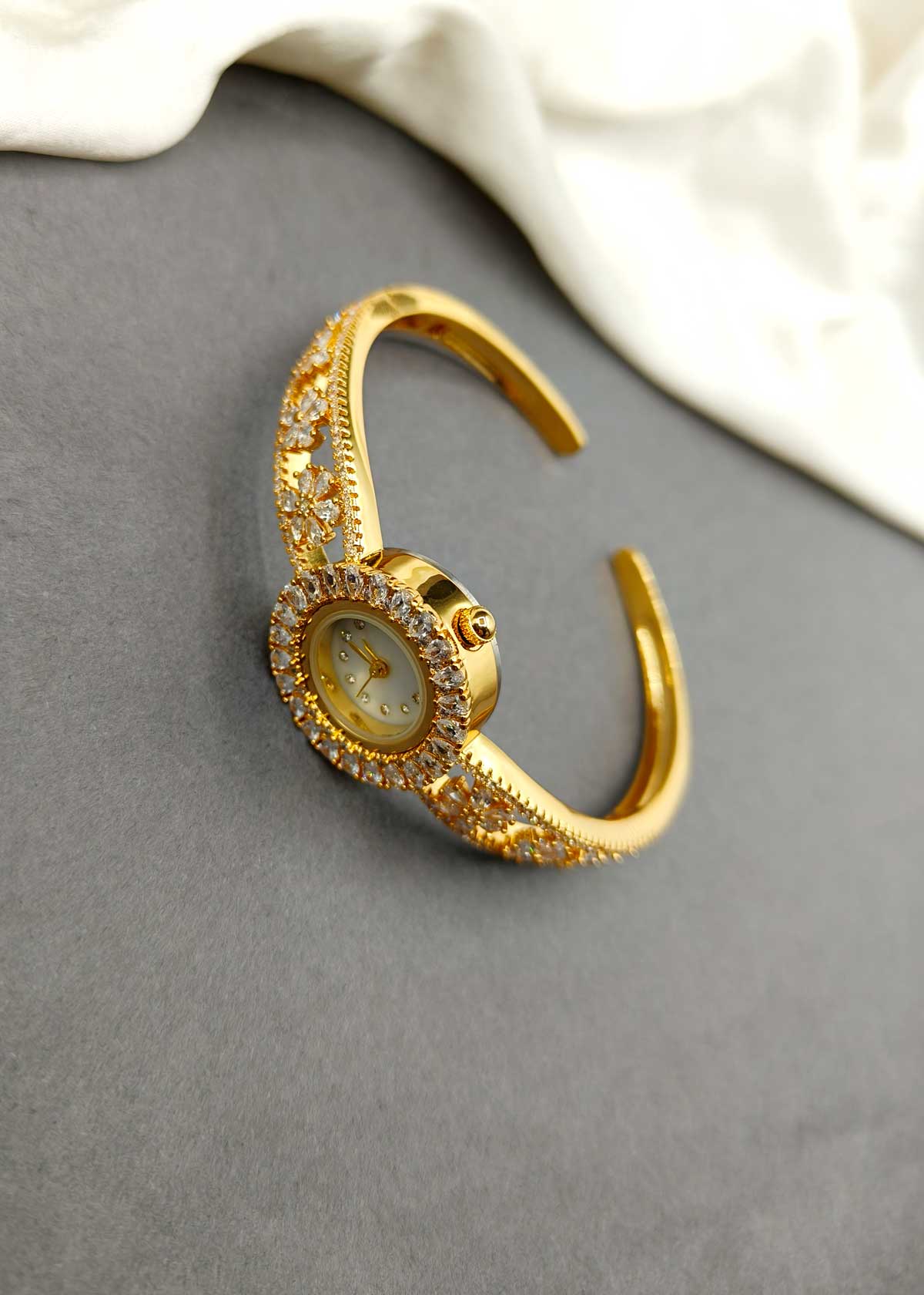 Dazzling Gold Plated Cubic Zircon Cuff Style Women Watch