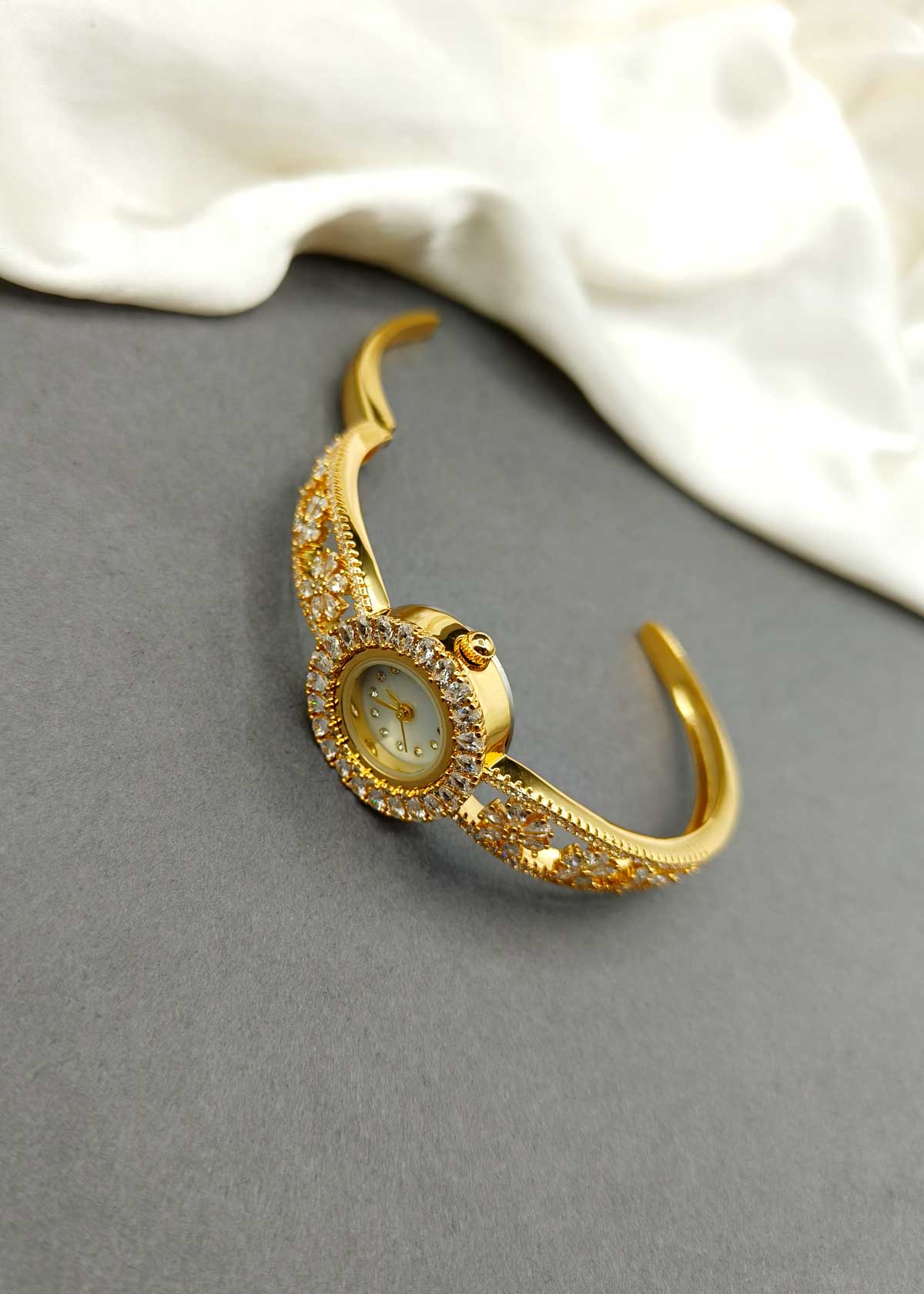 Dazzling Gold Plated Cubic Zircon Cuff Style Women Watch