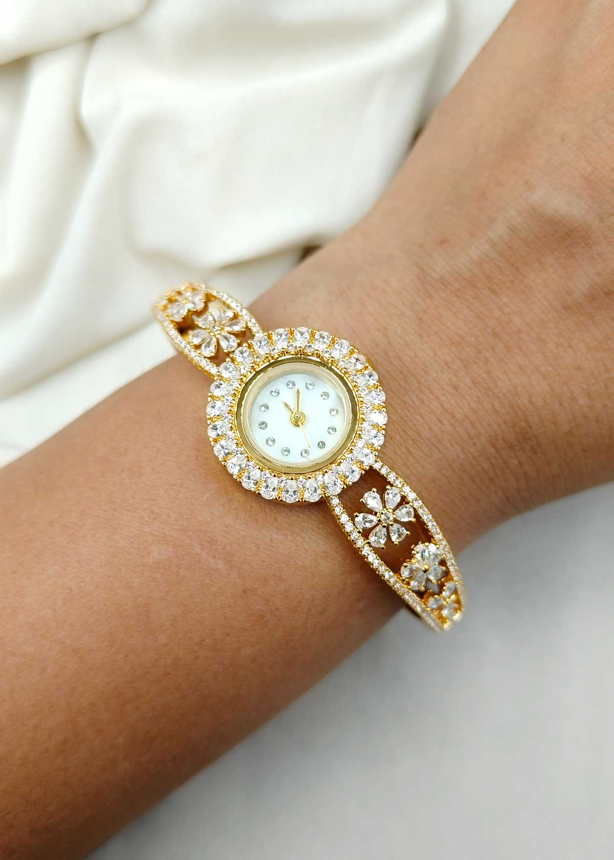 Dazzling Gold Plated Cubic Zircon Cuff Style Women Watch