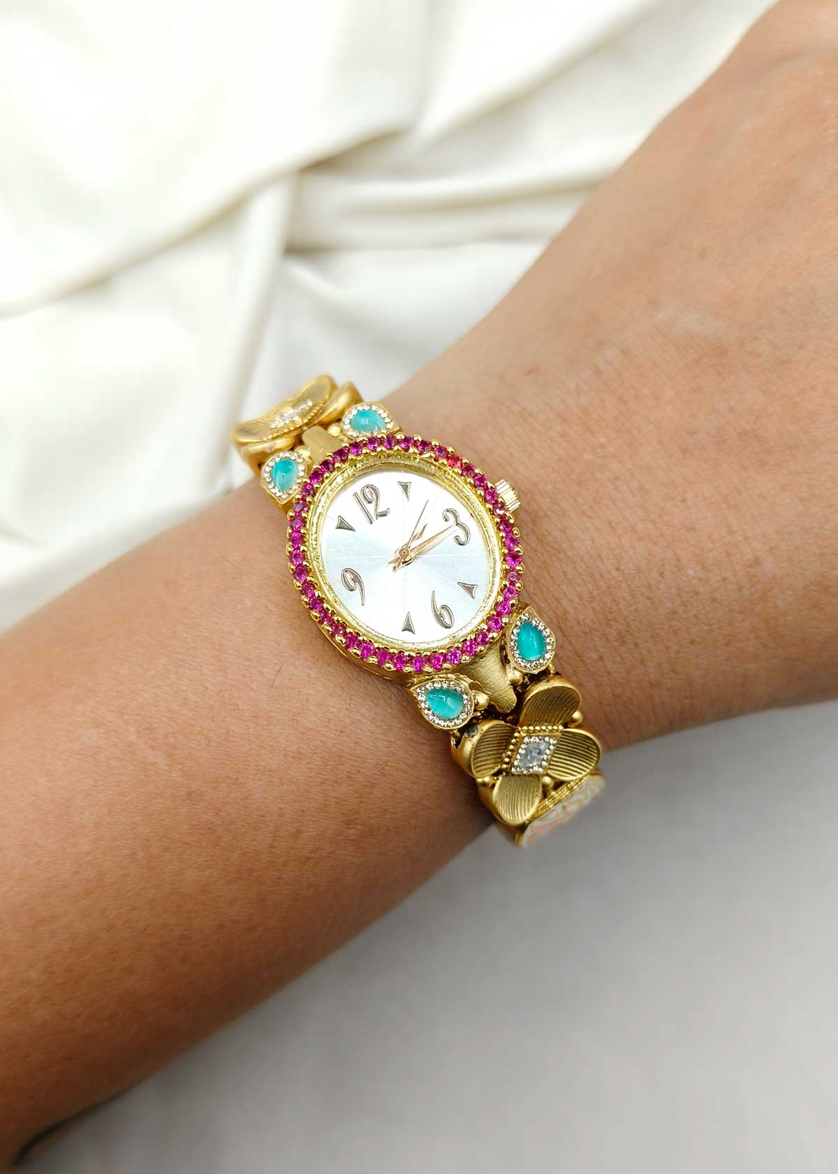 Antique Gold Plated Floral Minakari Cubic Zircon Women Watch
