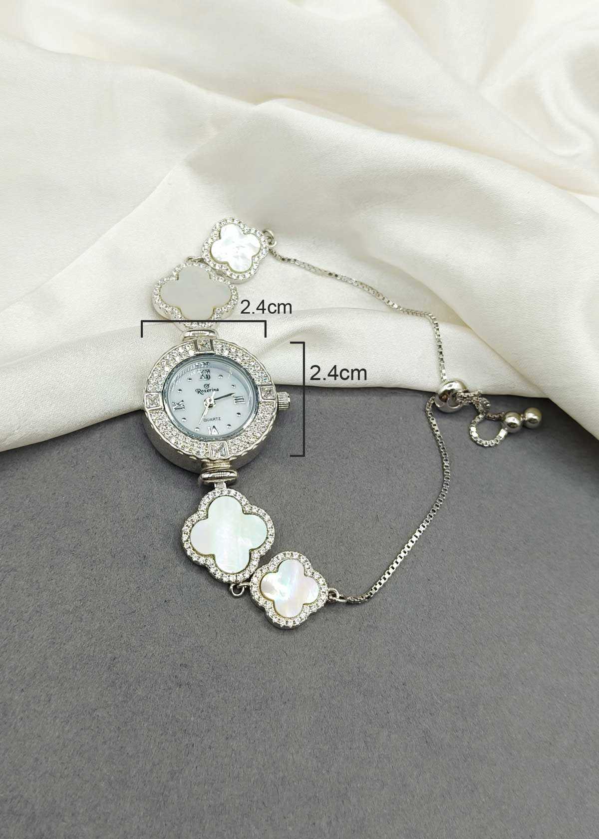 92.5 Sterling Silver Cubic Zircon And Mother of Pearl Clover Adjustable Women Watch