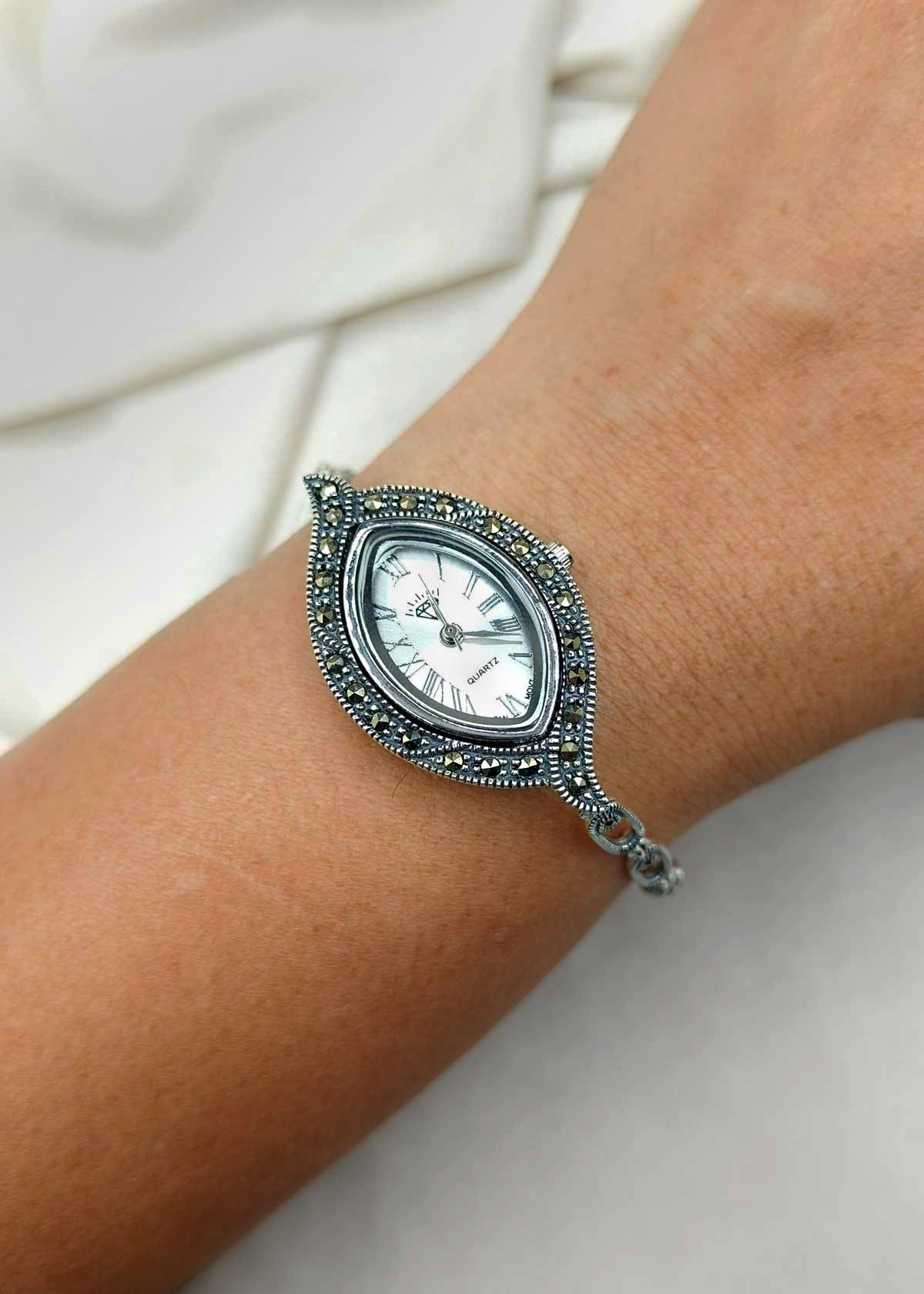 92.5 Sterling Silver Antique Style Marquise Marcasite Adjustable Women Watch