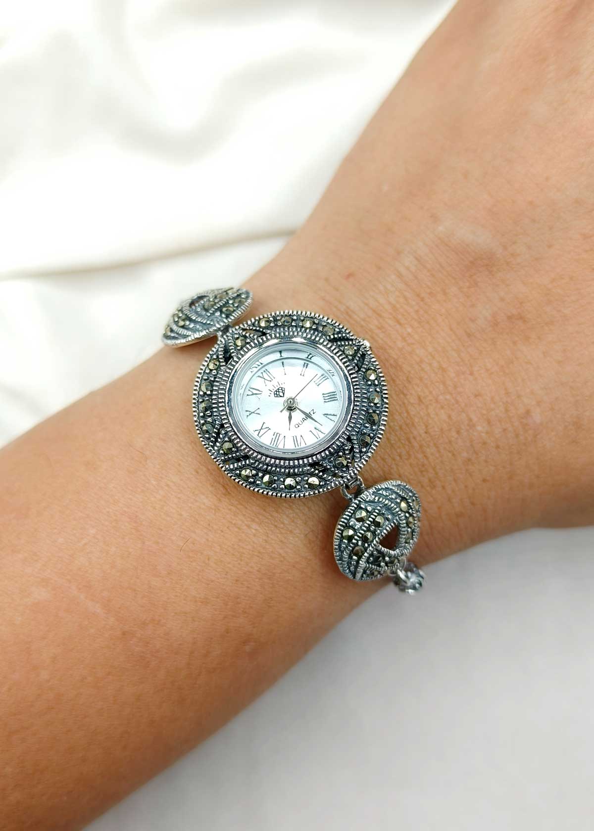 Round Marcasite 92.5 Sterling Silver Adjustable Women Watch