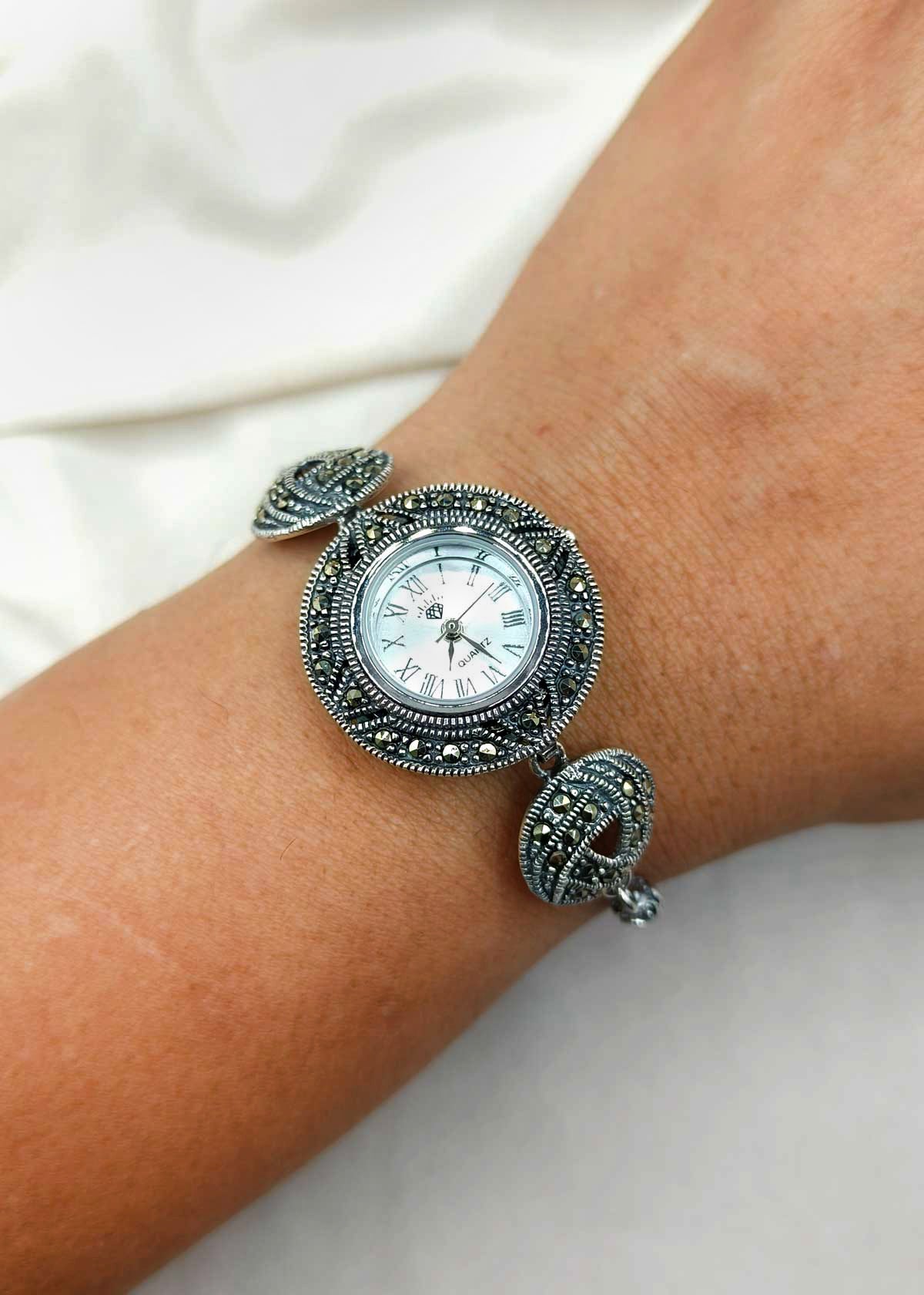 92.5 Sterling Silver Round Marcasite Adjustable Women Watch