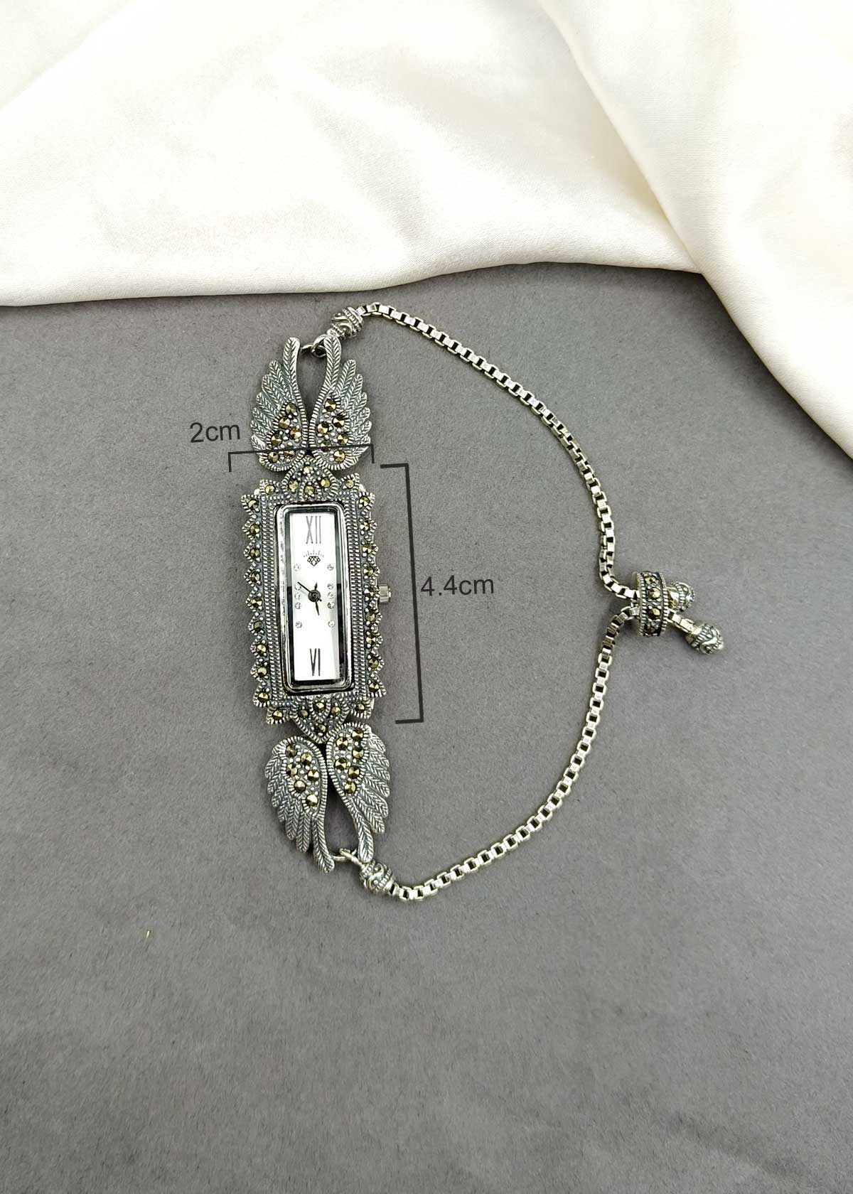 92.5 Sterling Silver Marcasite Rectangle Shape Adjustable Women Watch
