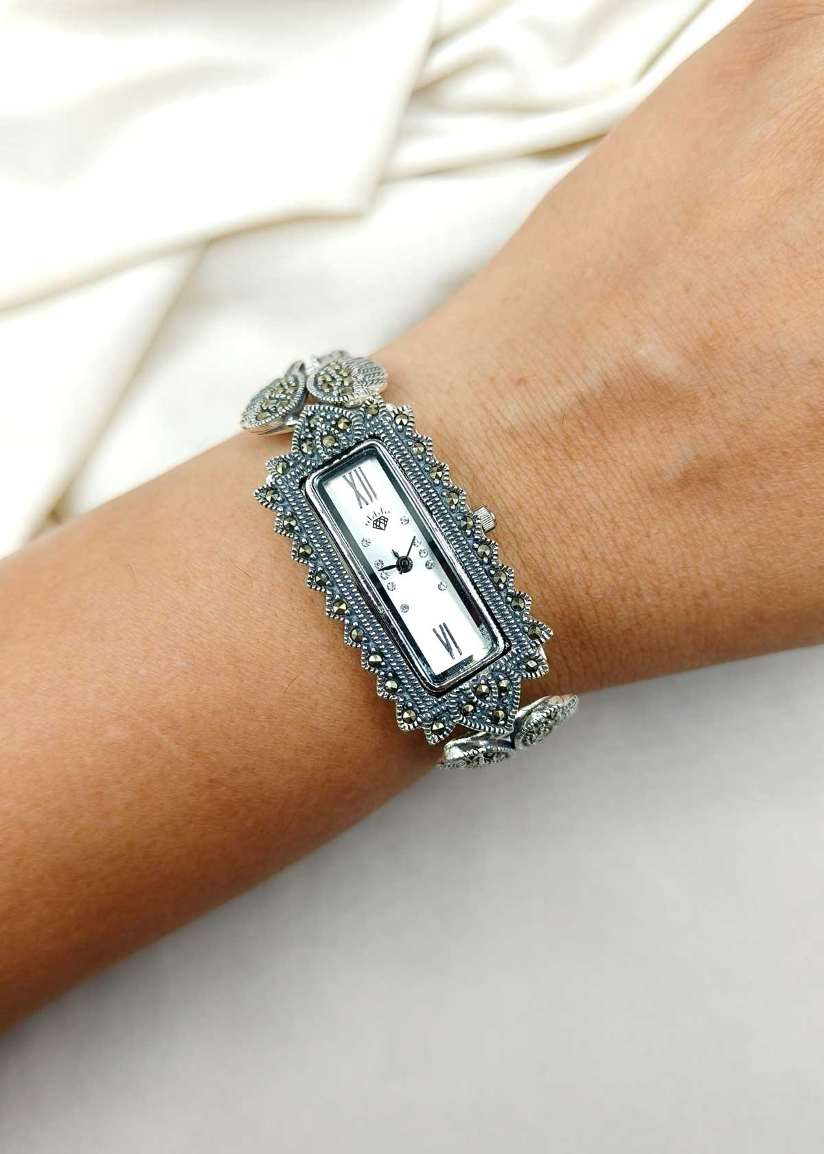 92.5 Sterling Silver Marcasite Rectangle Shape Adjustable Women Watch