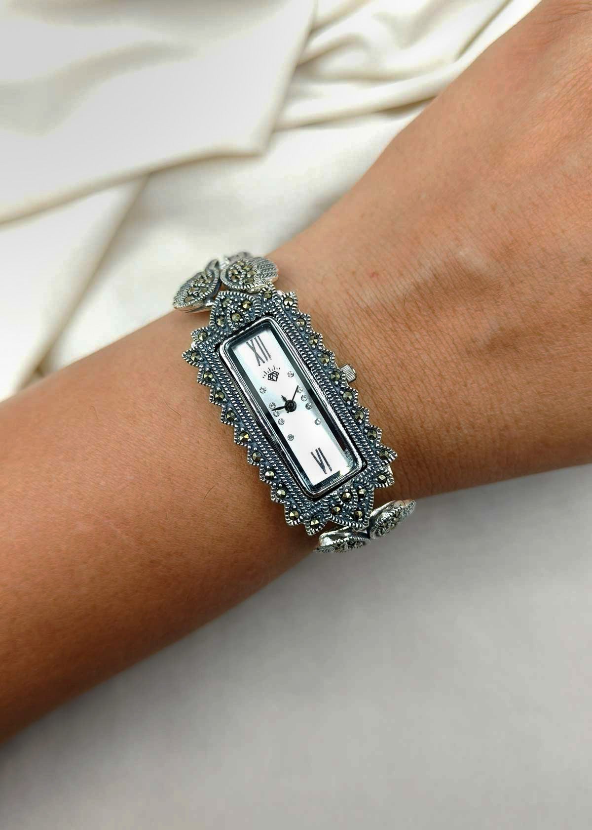 92.5 Sterling Silver Marcasite Rectangle Shape Adjustable Women Watch