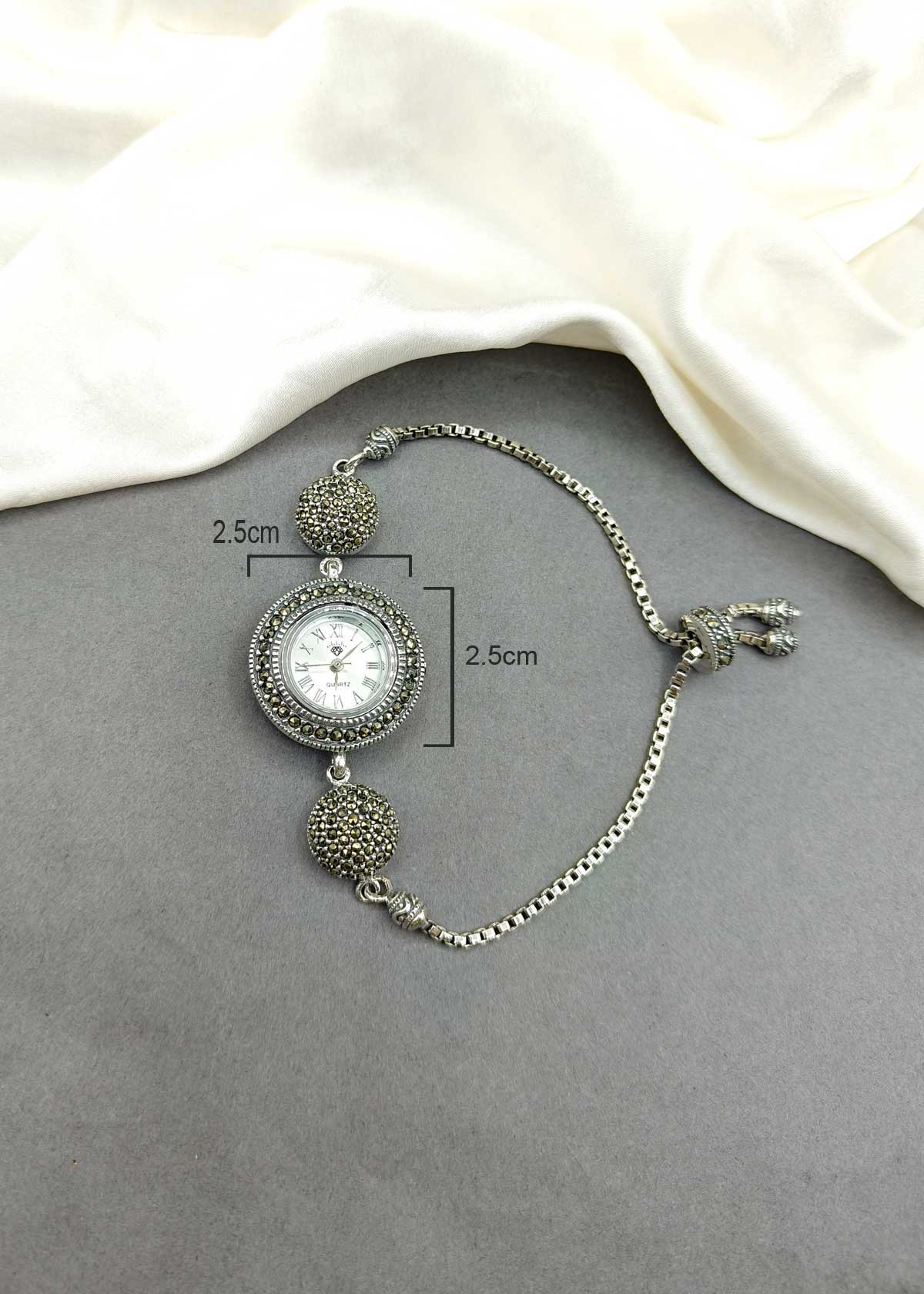 Marcasite Dome Link 92.5 Sterling Silver Adjustable Women Watch