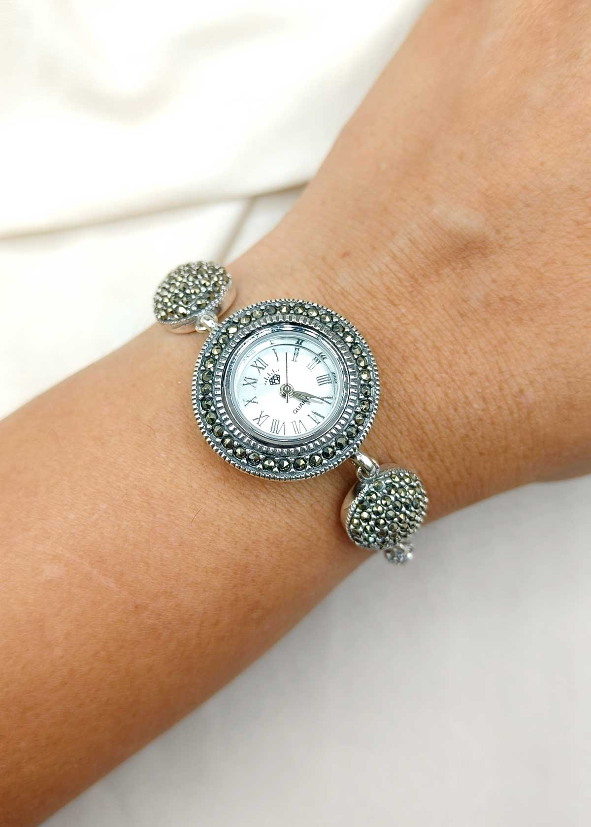 Marcasite Dome Link 92.5 Sterling Silver Adjustable Women Watch