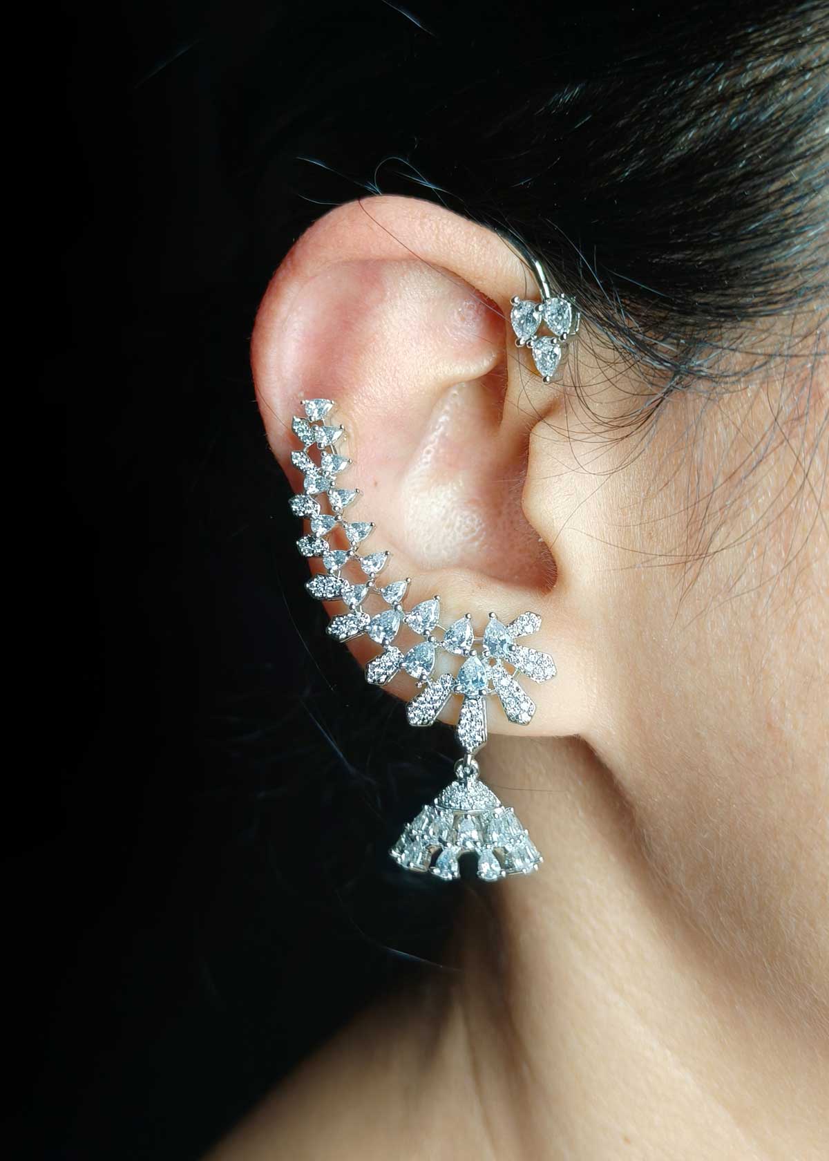 Leaf And Floral Design Gold-Silver Plated Cubic Zircon Ear Cuff For Women