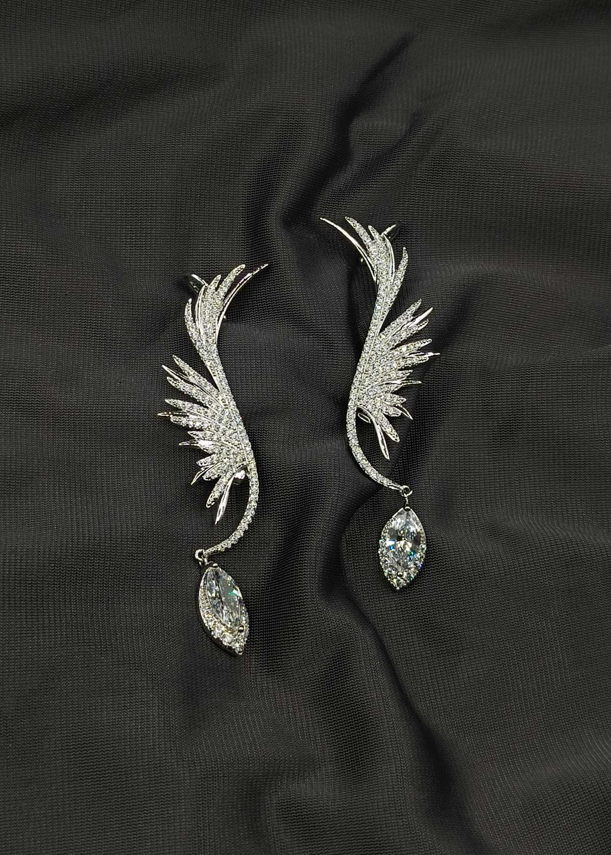 Feather Wing Style With Marquise Drop Silver Plated Cubic Zirconia Ear Cuff For Women