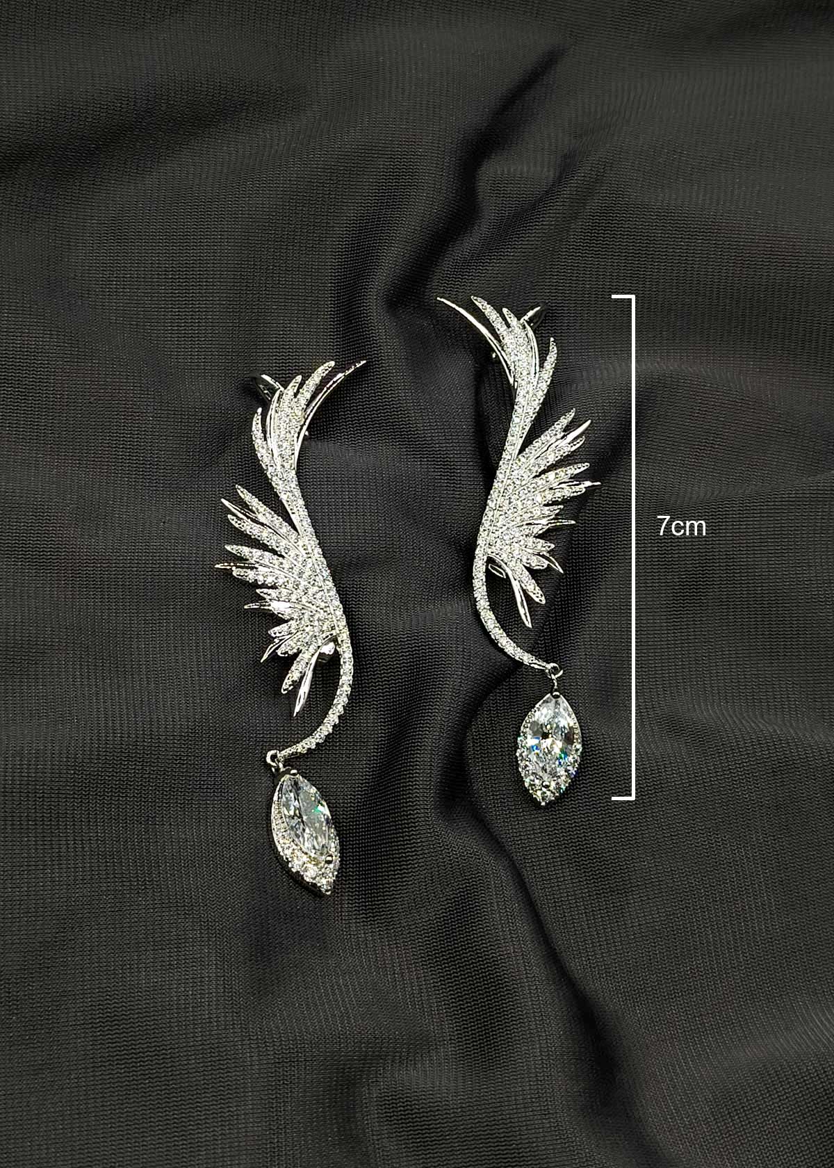 Feather Wing Style With Marquise Drop Silver Plated Cubic Zirconia Ear Cuff For Women